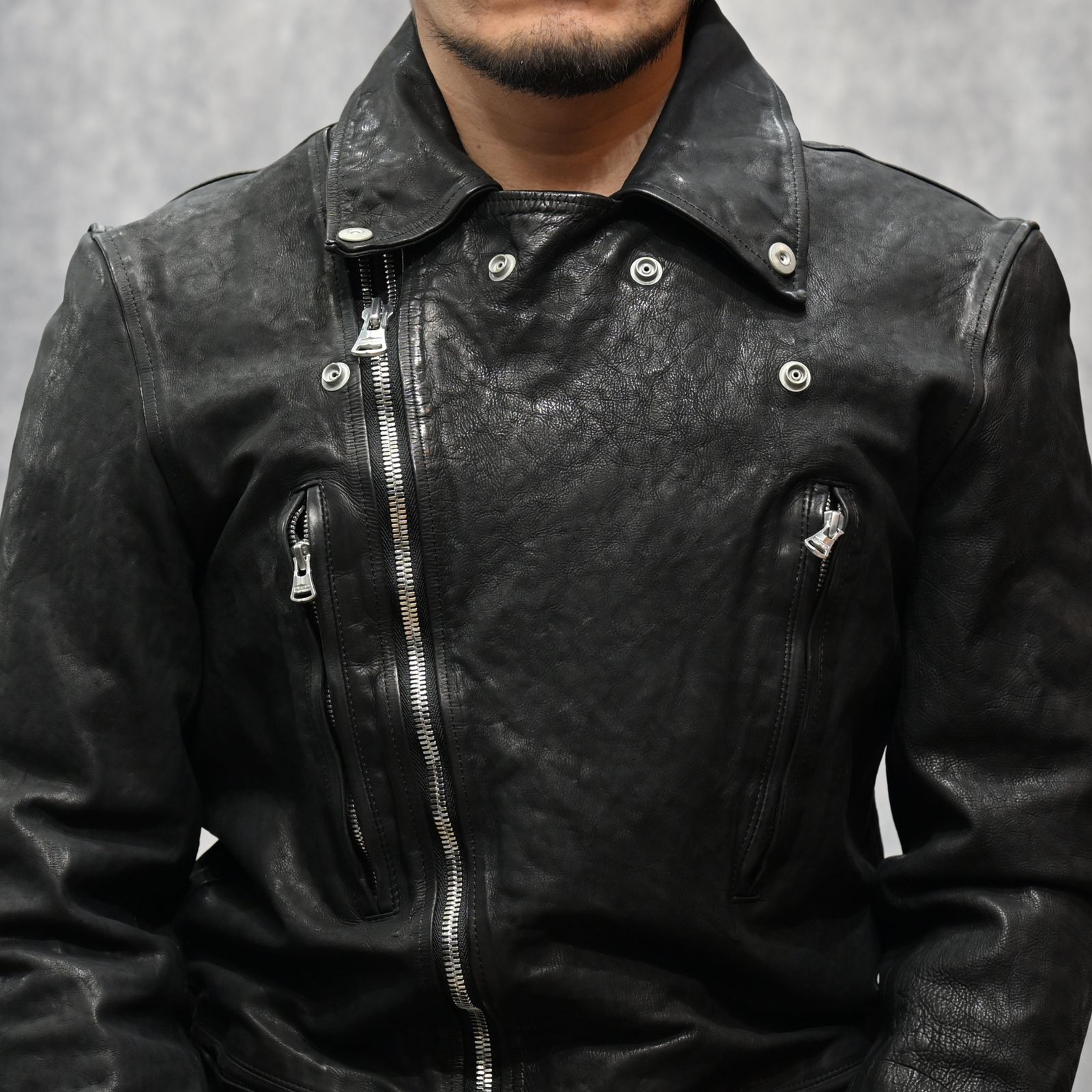 ジャパンカーフ タンニン鞣し 製品染め加工 ダブルライダース （BLACK /ブラック） 1927-01