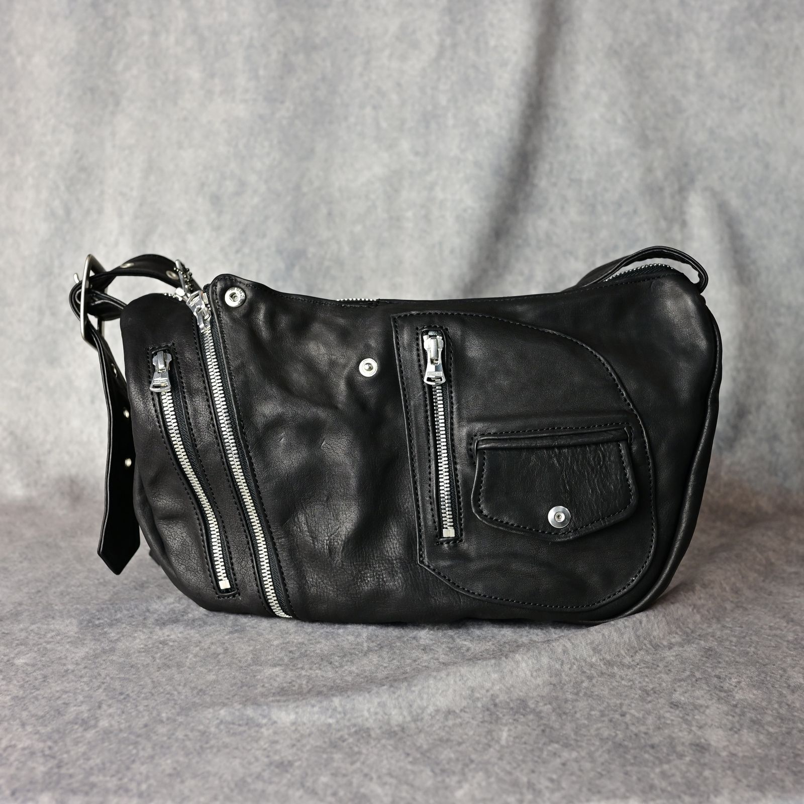 ジャパン カーフ タンニン鞣し 製品洗い加工 ショルダーバッグ (BLACK / ブラック) / 254-04
