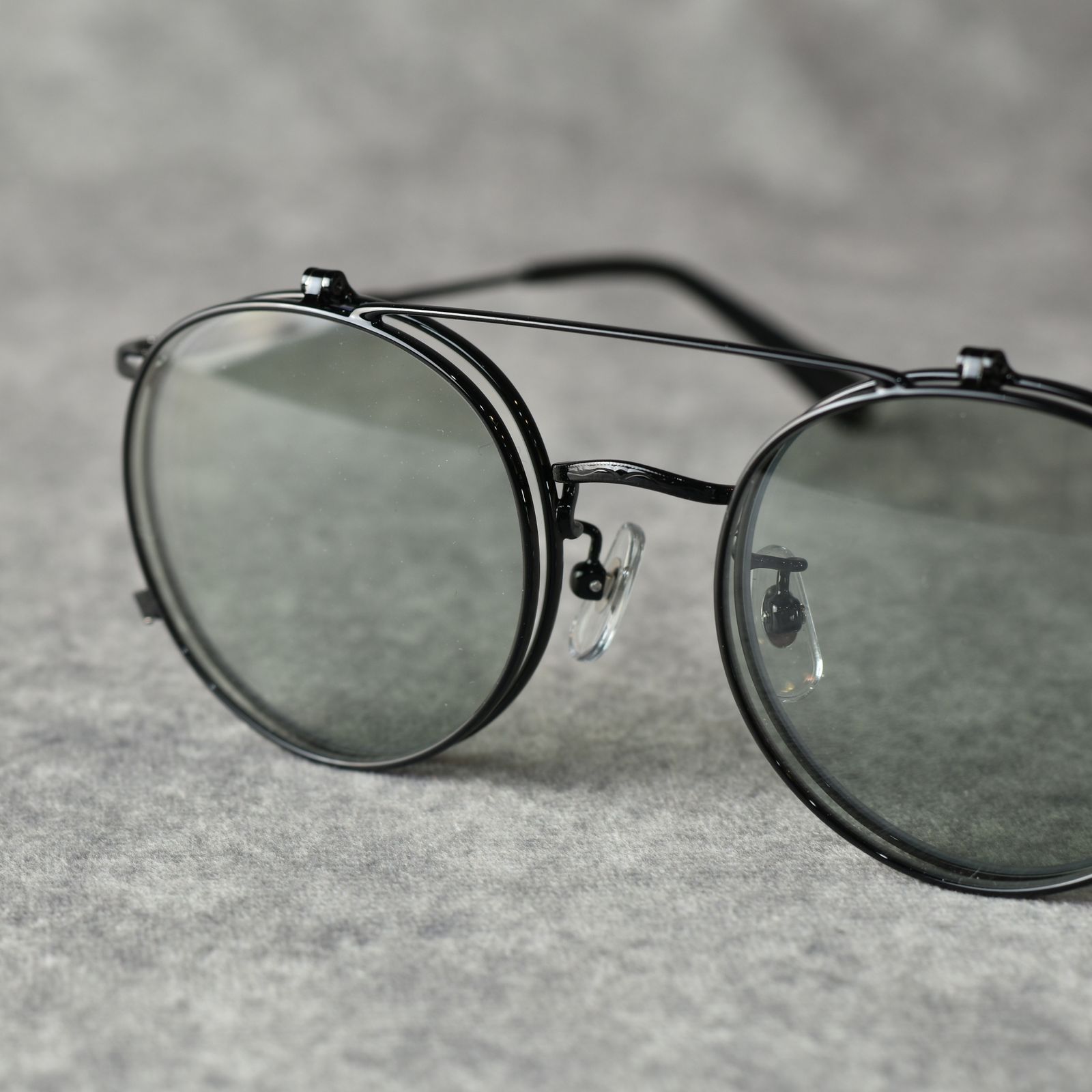 FLIP UP TYPE CIRCLE METAL GLASSES (BLACK/GREEN) / フリップアップタイプ サークルメタル サングラス