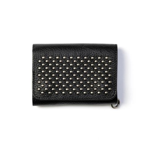 ROUND STUDS LEATHER FLAP HALF WALLET (BLACK)｜ラウンド スタッズ レザー フラップハーフウォレット 三つ折り財布｜CL-26AWLE001
