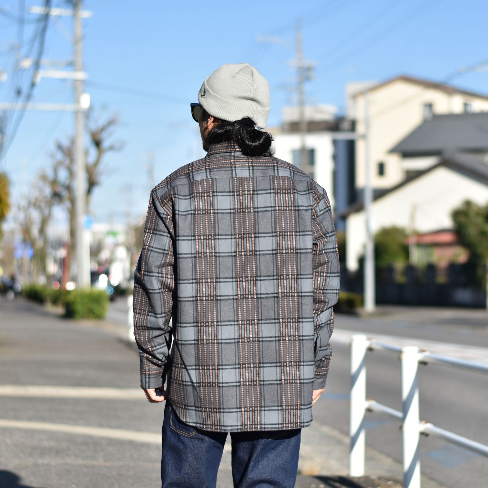 CALEE - Dobby check pattern L/S shirt (Gray) / ドビーチェック