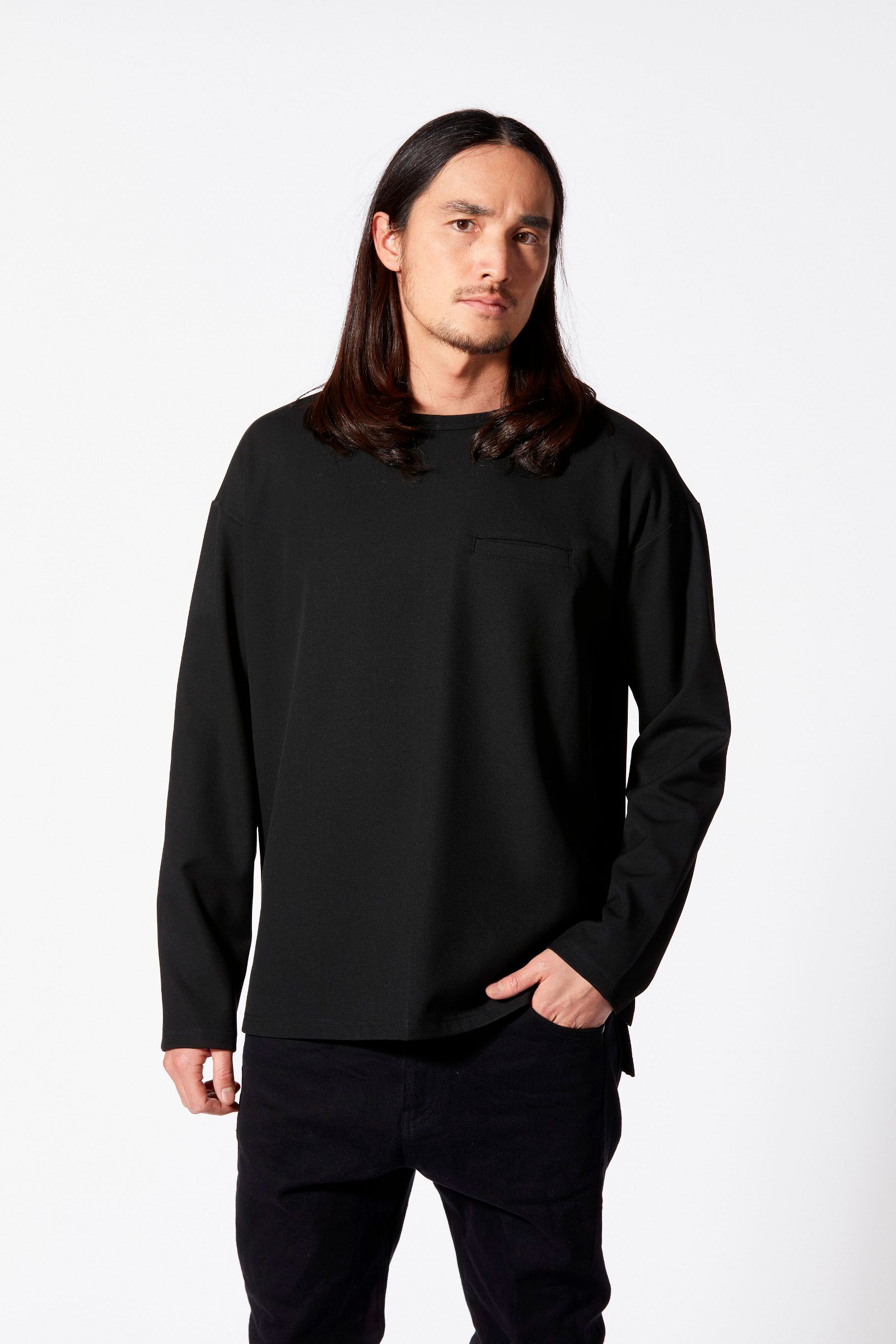 ポリエステルレーヨンアクリル ストレッチ ポケットカットソー （BLACK）