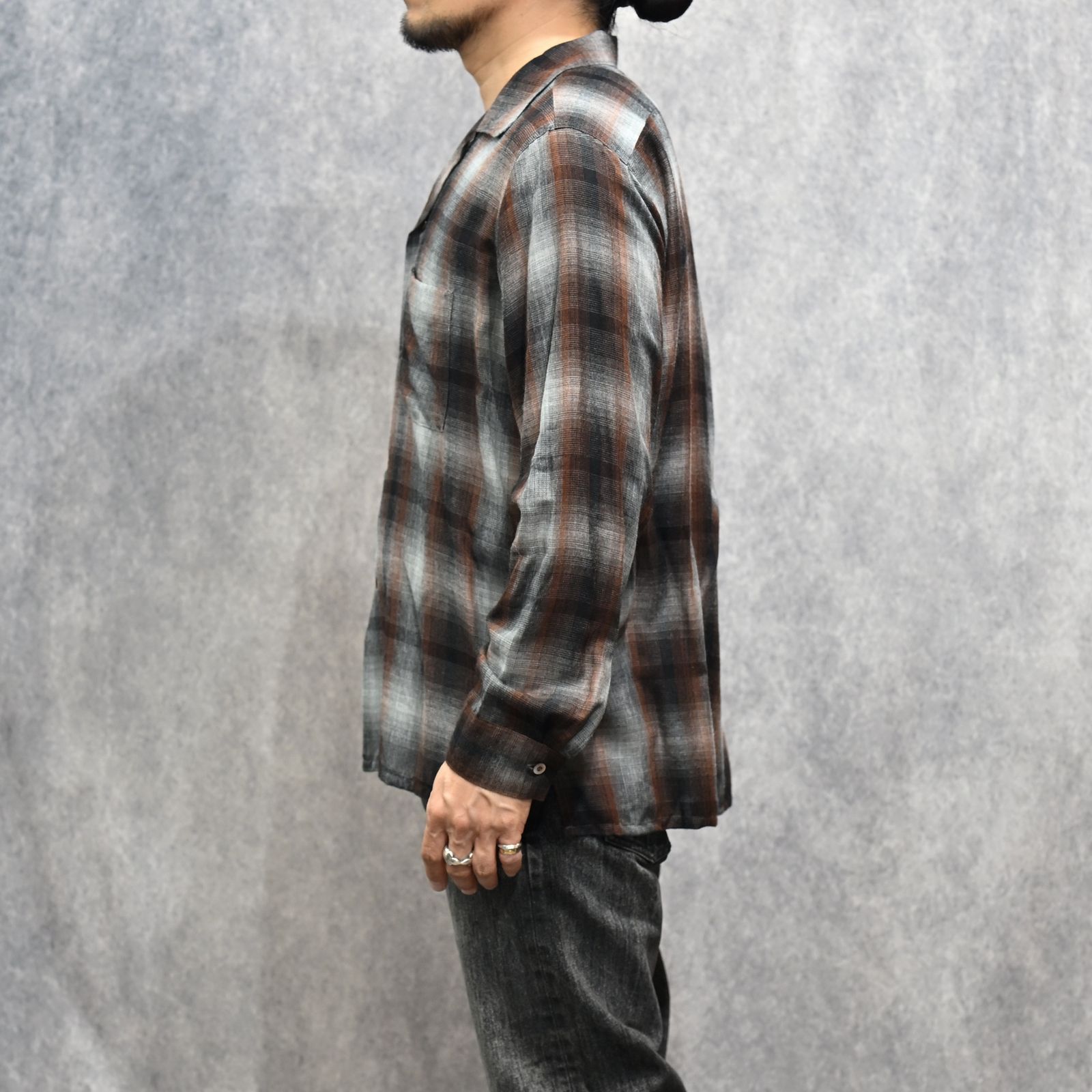 T.Rayon Ombre Open Collar Shirt （BRT / ブラウン）｜オンブレーチェックシャツ｜MDFBF09501