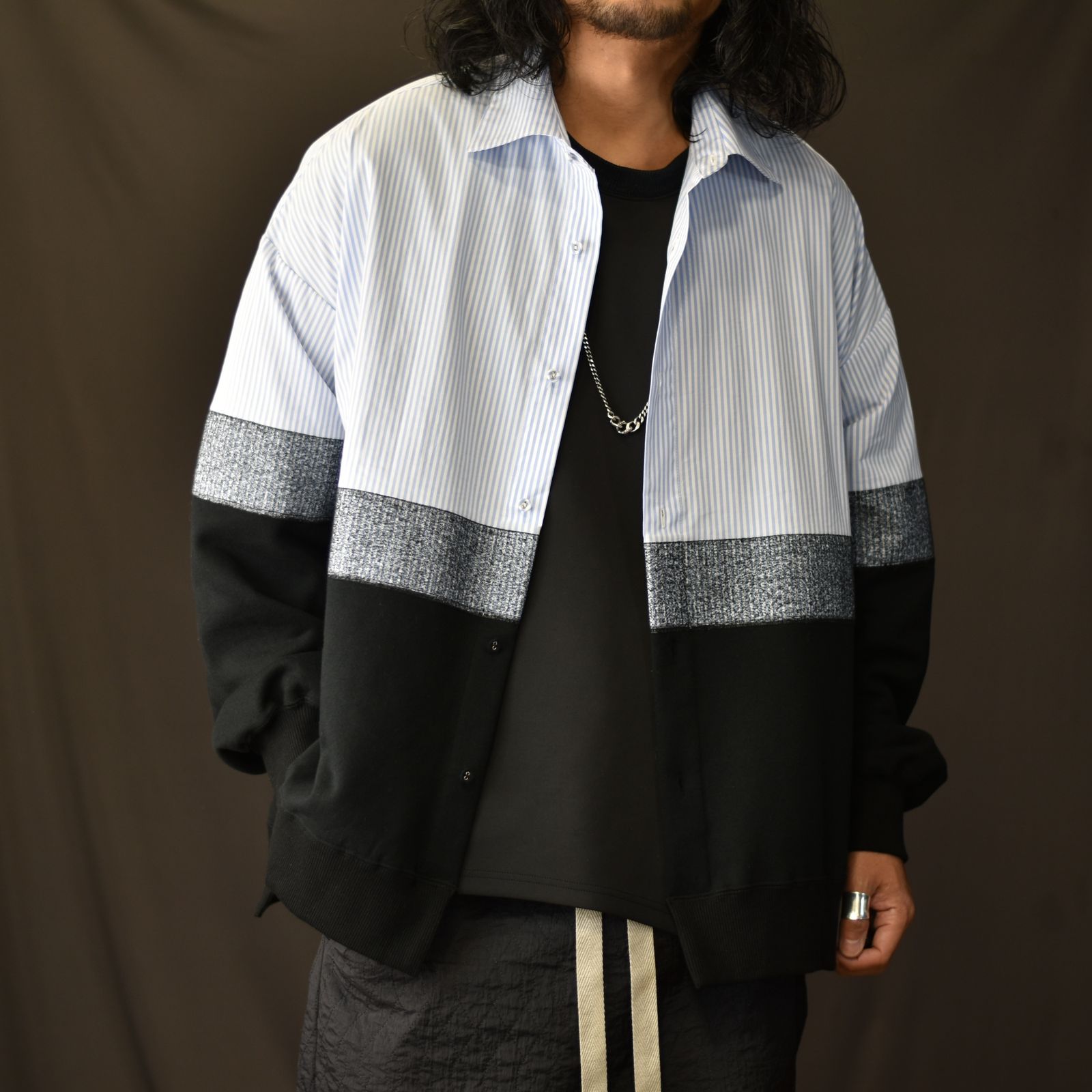 ニードルパンチ 切り替えシャツ / LB23SS-SH01-NDP (SAX STRIPE×BLACK)