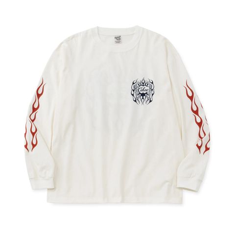 VINTAGE TYPE FLAME LOGO PINSTRIPING L/ S TEE ＜NATURALLY PAINT DESIGN＞ (WHITE)｜長袖プリントTシャツ｜CL-26SS001NT