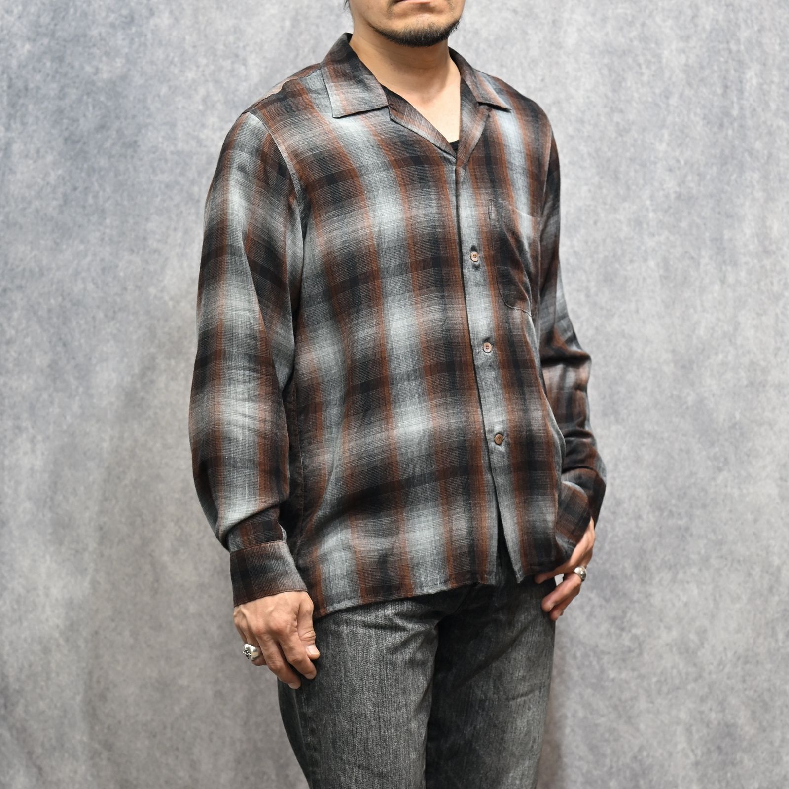 T.Rayon Ombre Open Collar Shirt （BRT / ブラウン）｜オンブレーチェックシャツ｜MDFBF09501