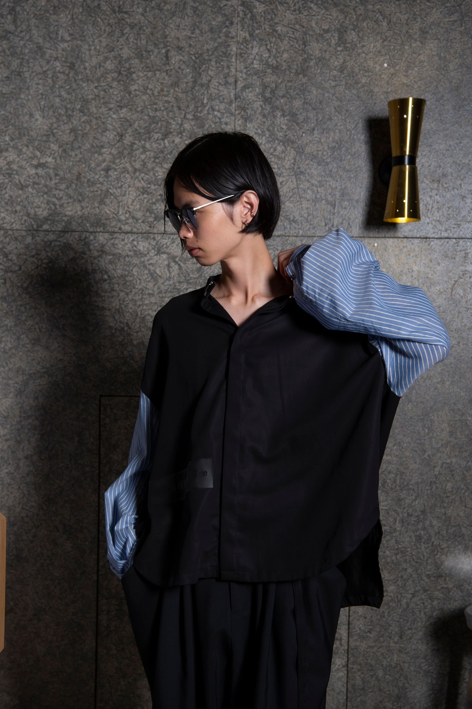 スタンドカラー ルーズシャツ / LB21SS-SH02-ST (BLACK×SAX STRIPE)