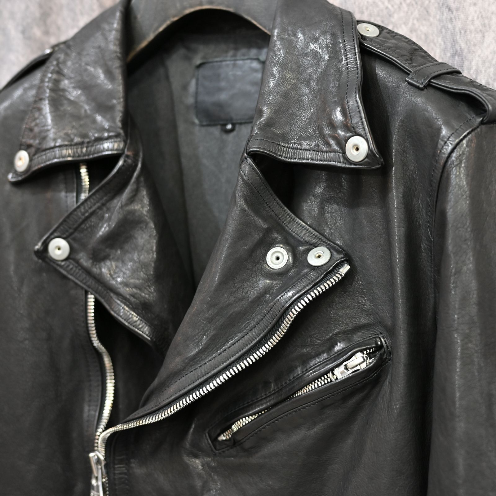 ジャパンカーフ タンニン鞣し 製品洗い ダブルライダース （BLACK） 1927-07