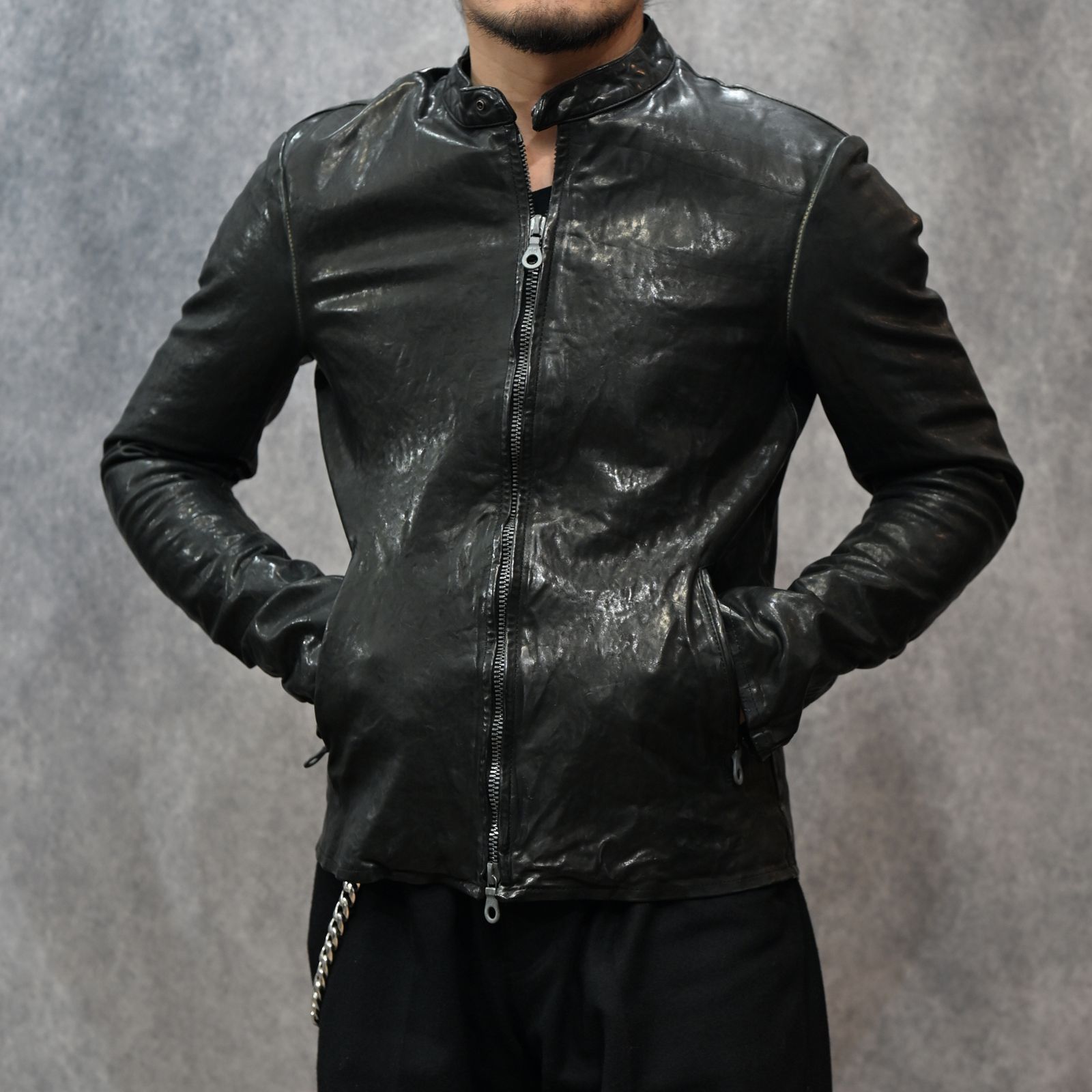 イタリーショルダー製品染め シングルライダース （BLACK）｜1254-02