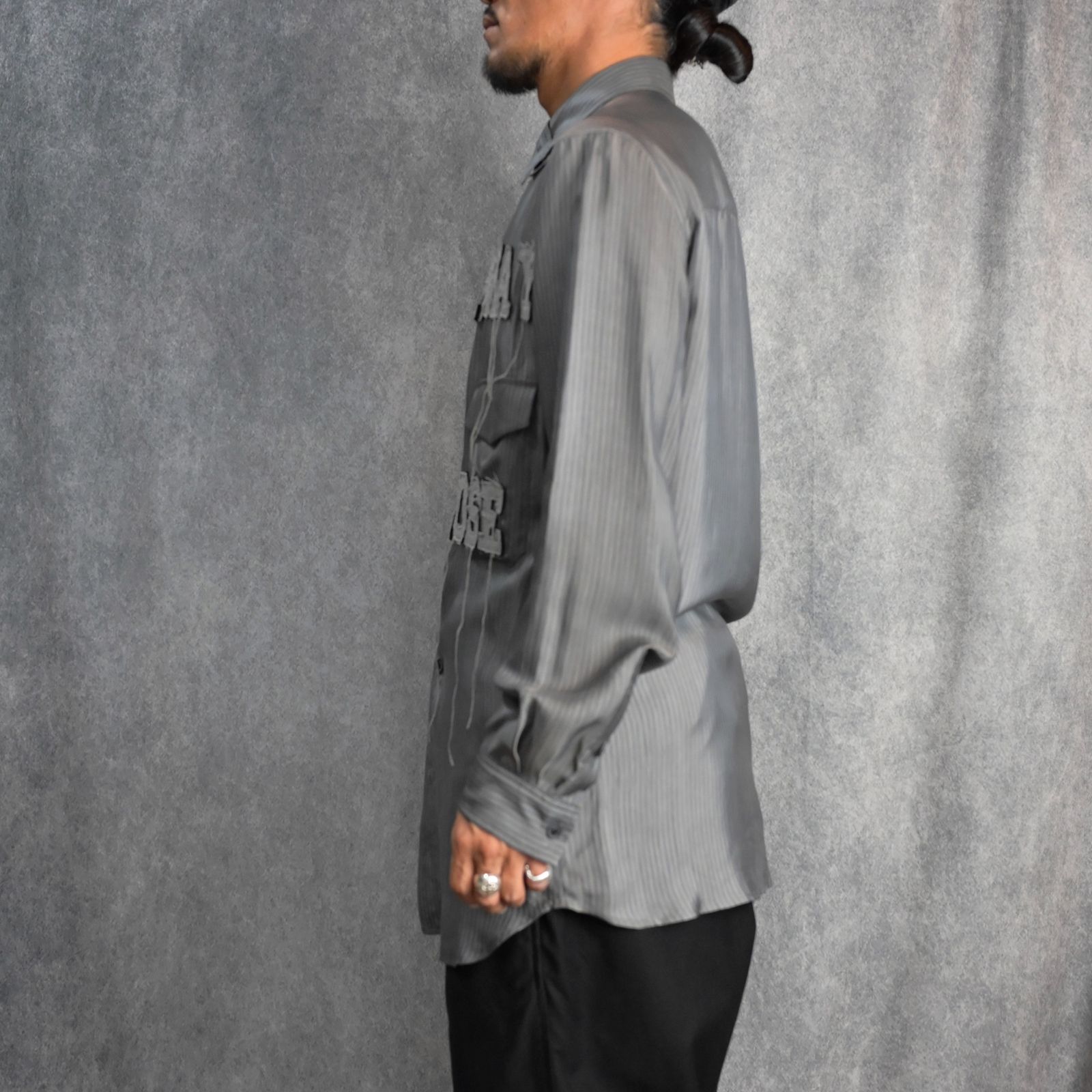 Cu STRIPE INK BLOUSE WITH PATCH （BLACK） / 縞柄生地 二重衿ブラウス （ブラック） / HO-B94-209-1-02