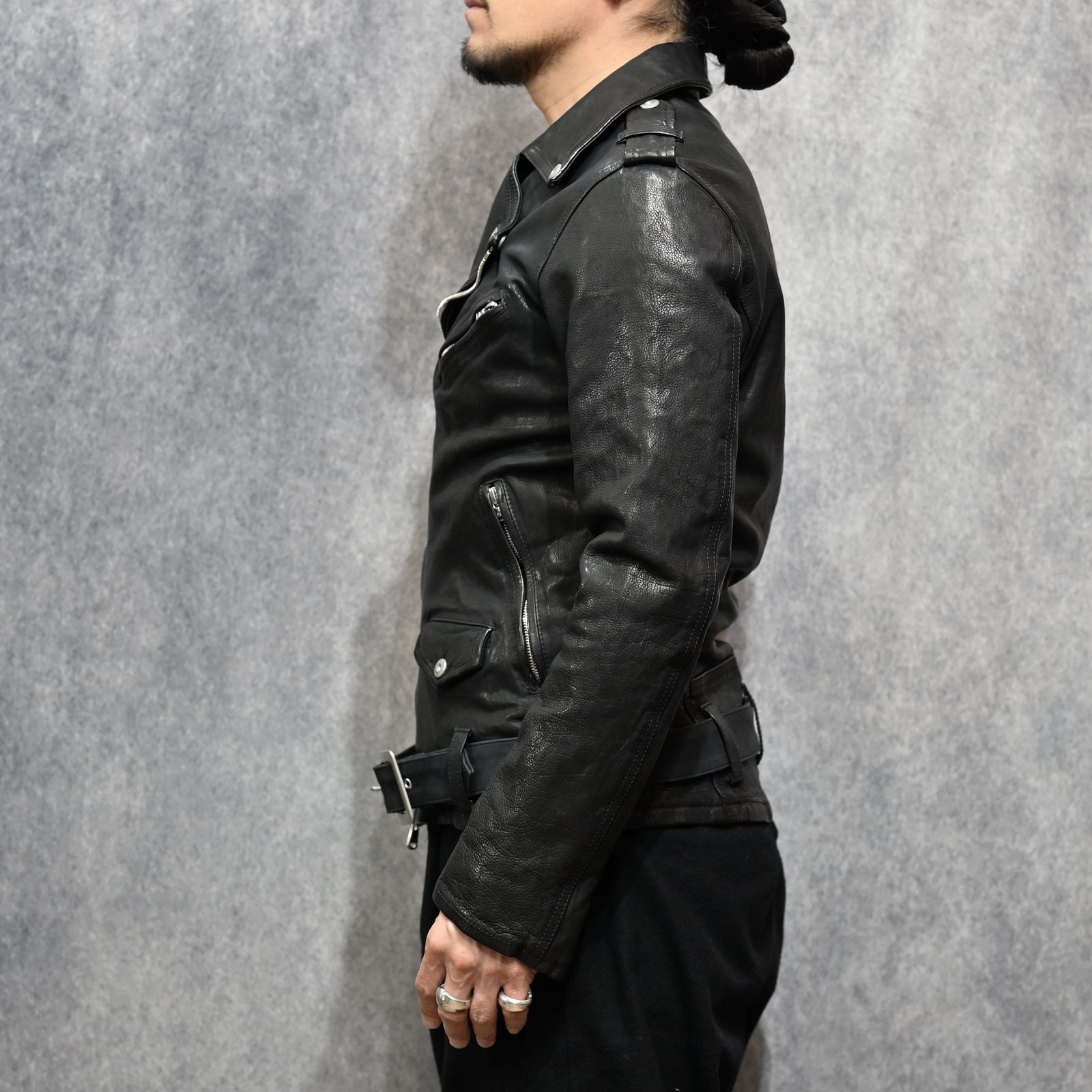 ジャパンカーフ タンニン鞣し 製品洗い ダブルライダース （BLACK） 1927-07