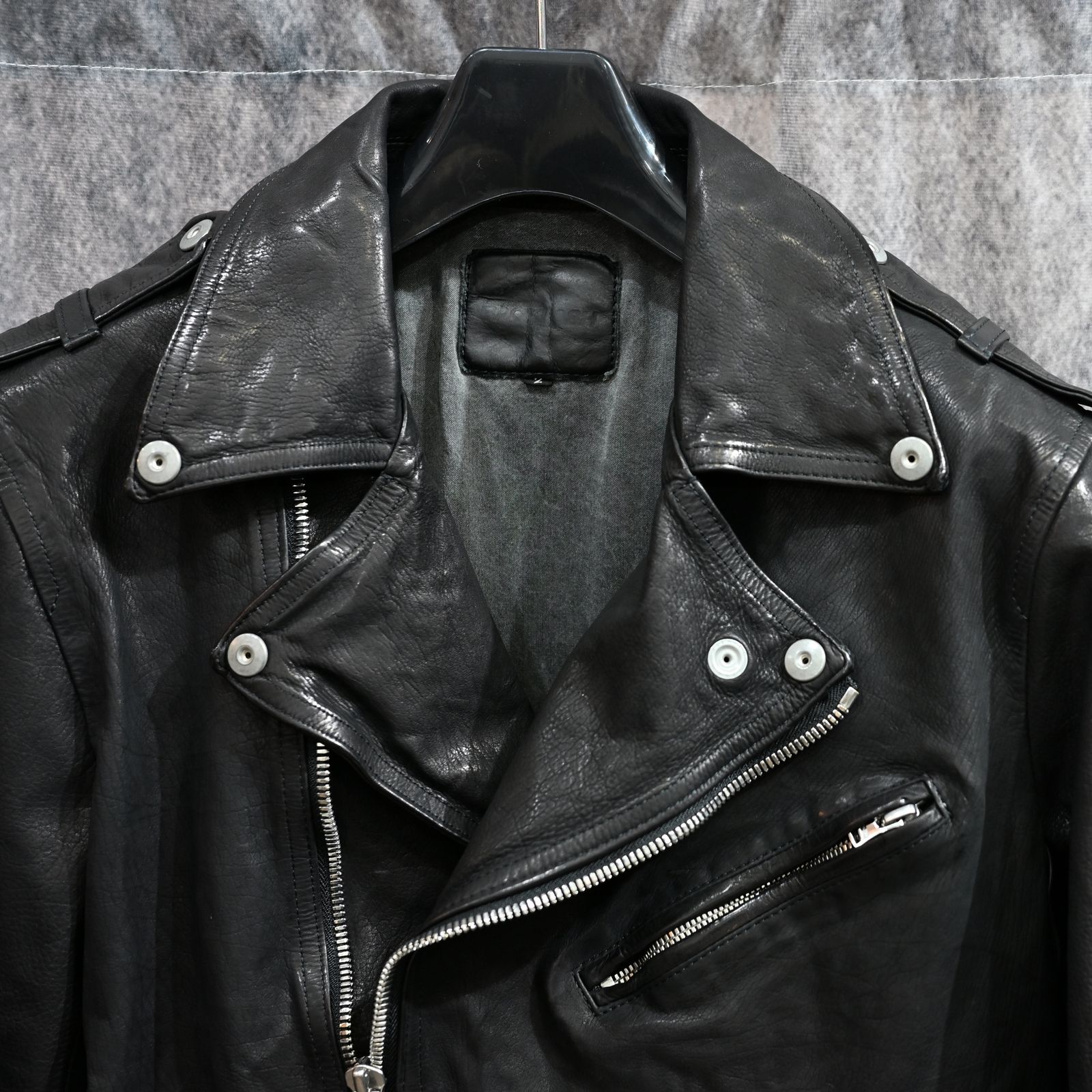 ジャパンカーフ タンニン鞣し 製品洗い ダブルライダース （BLACK） 1927-07