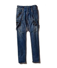 × KIDILL SKINNY ZIP & STRAPS DENIM PATNTS-DISTRESSED DENIM （USD）
