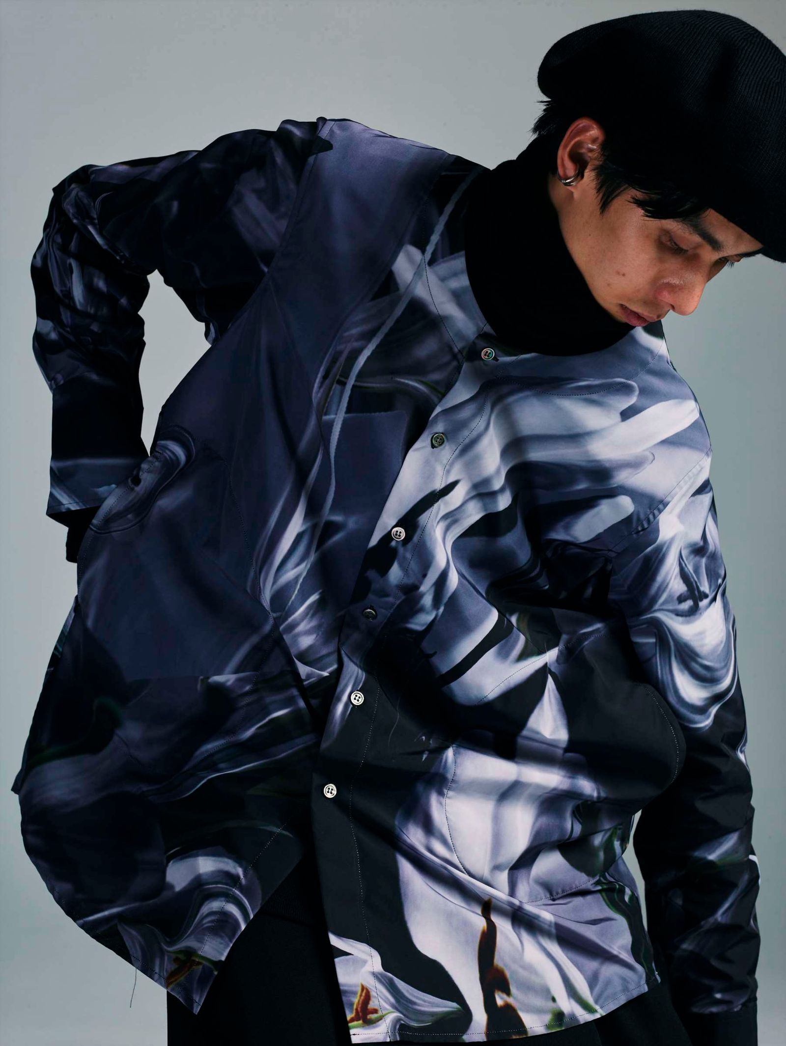 no collar shirt (BLACK MIX) / ノーカラー シャツ