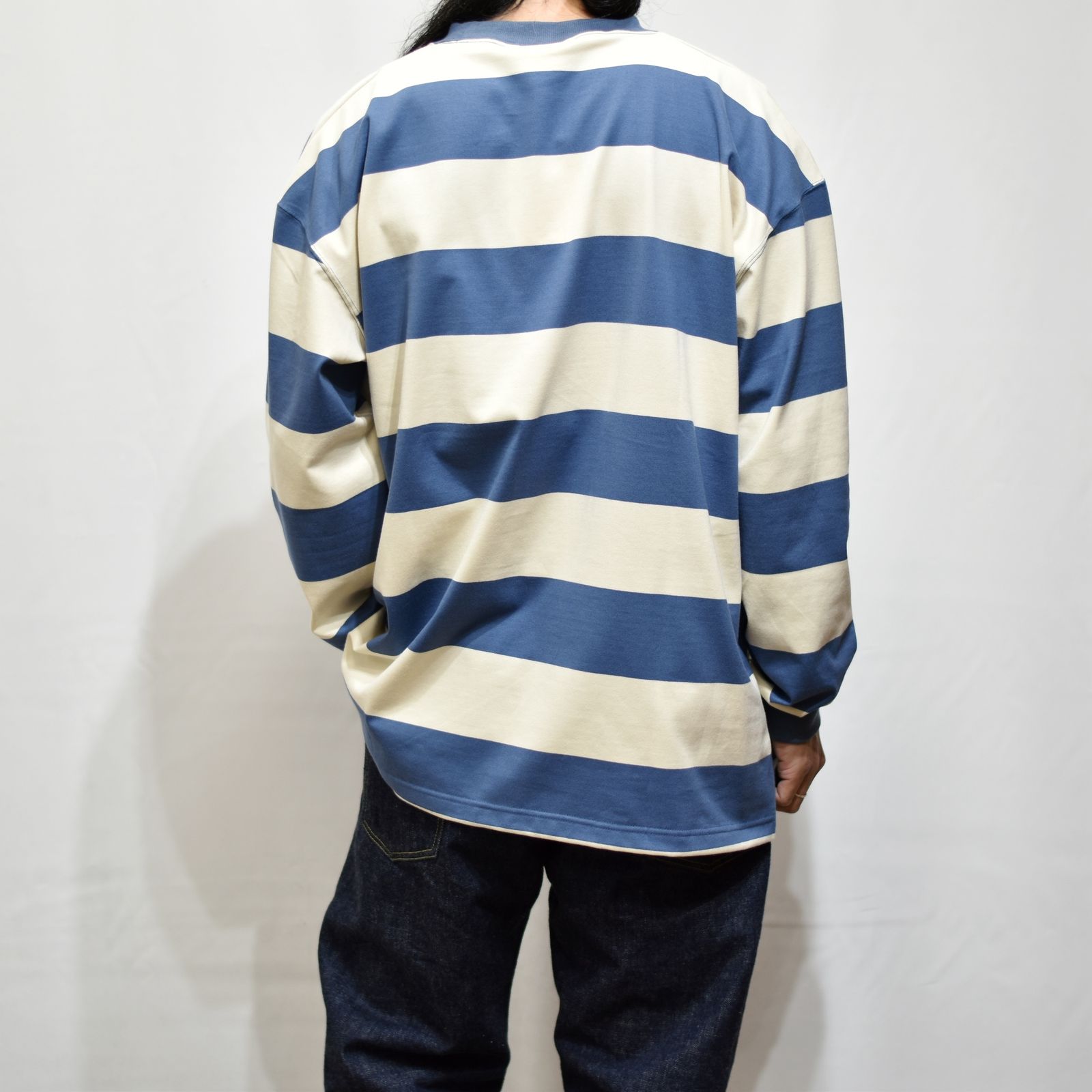 DROP SHOULDER WIDE PITCH L/S T‐SHIRT (WHITE/BLUE)