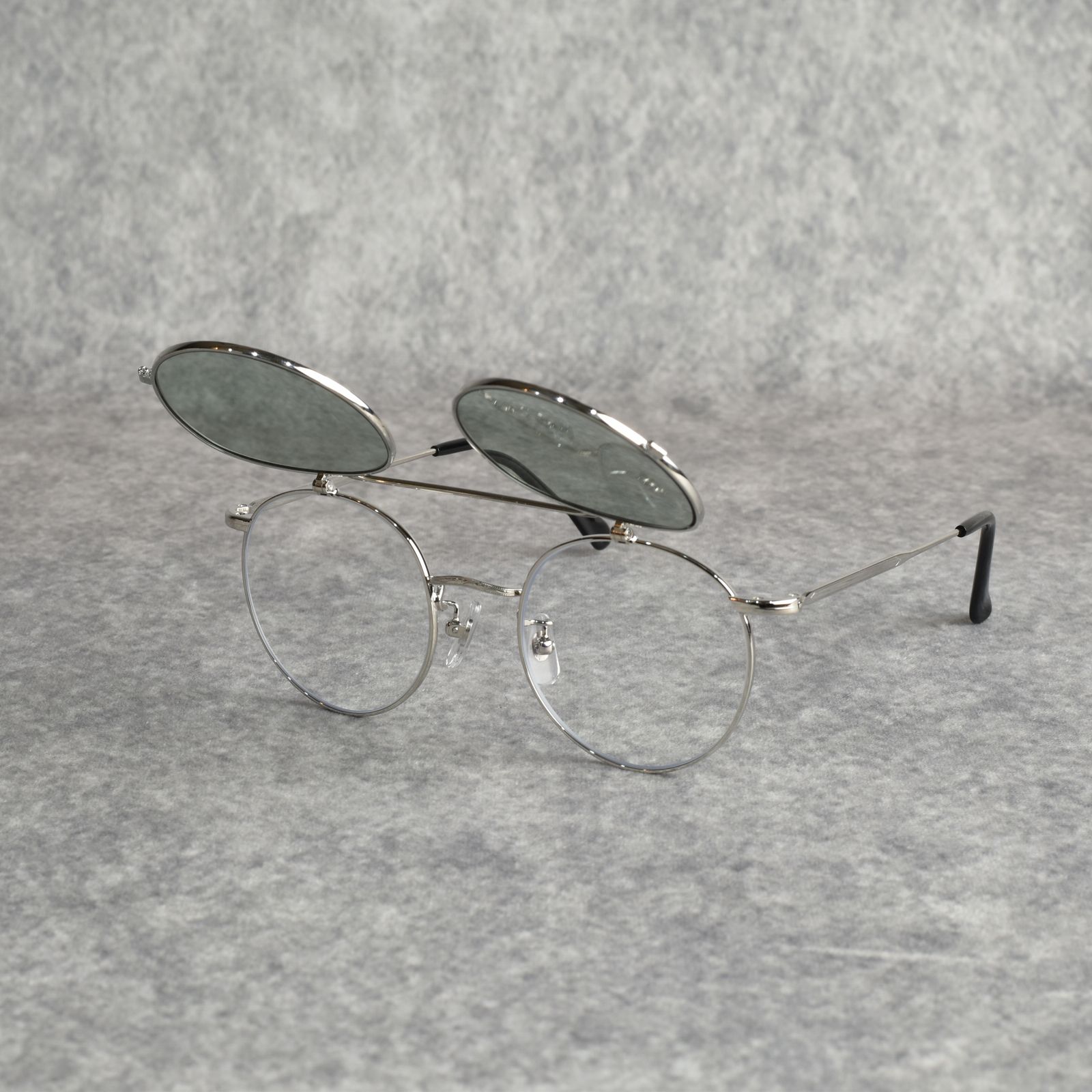 FLIP UP TYPE CIRCLE METAL GLASSES (SILVER/GREEN) / フリップアップタイプ サークルメタル サングラス