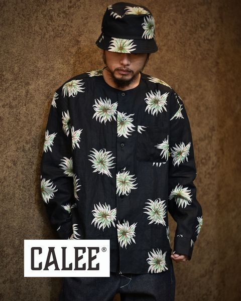 CALEE - ALLOVER FLOWER PATTERN L/S NO COLLAR LINEN SHIRT (BLACK 