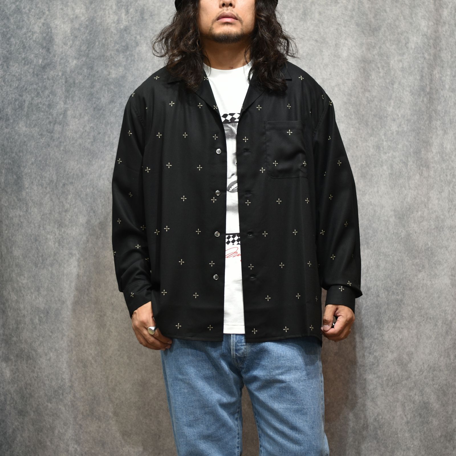 CROSS PATTERN SH (BLACK)｜クロス柄 オープンカラー 長袖シャツ｜CL-26AWCRS003