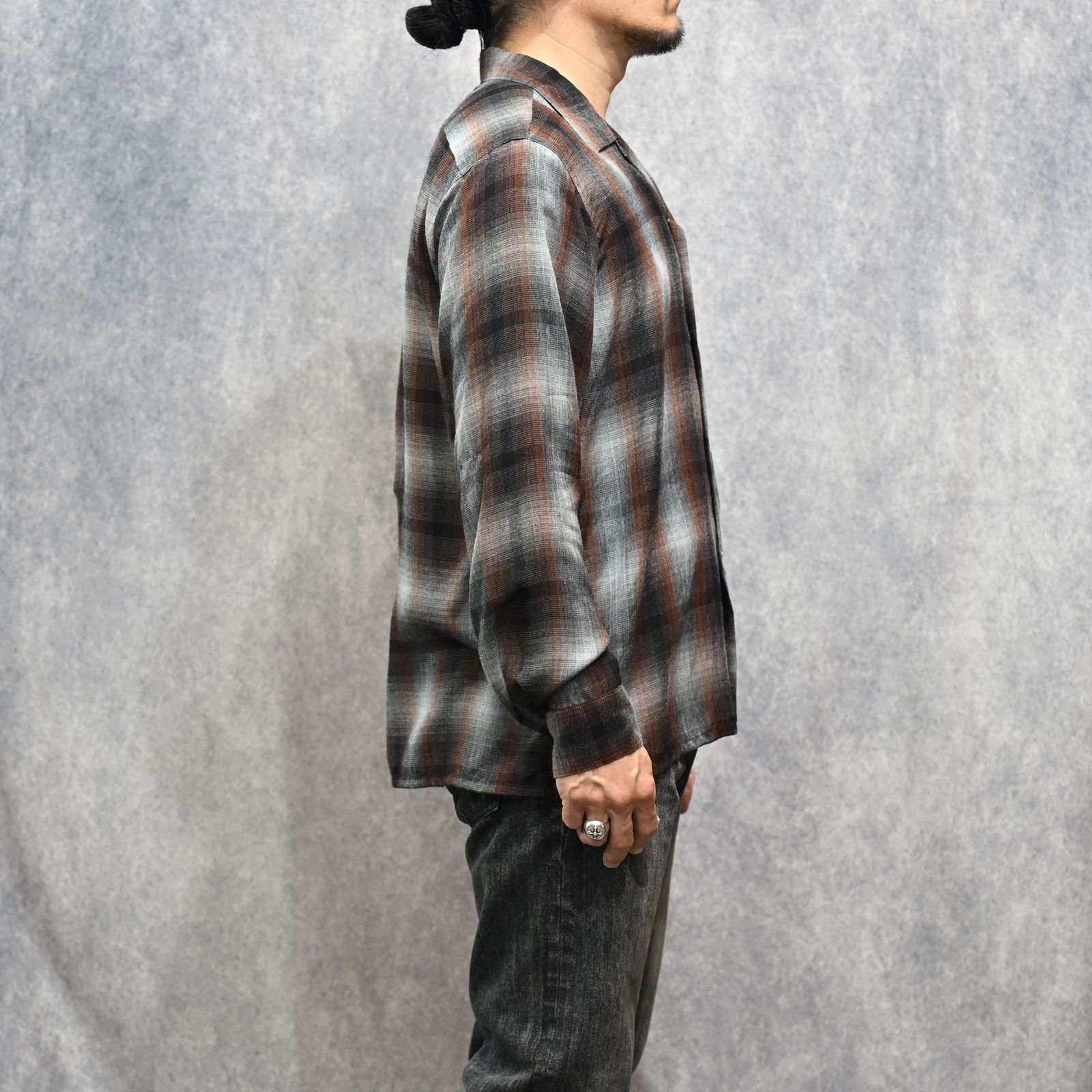 T.Rayon Ombre Open Collar Shirt （BRT / ブラウン）｜オンブレーチェックシャツ｜MDFBF09501