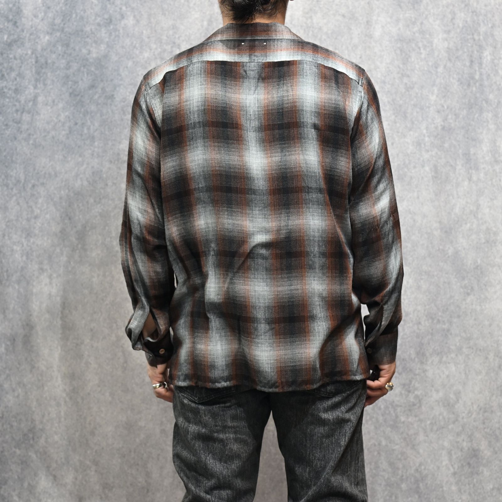 T.Rayon Ombre Open Collar Shirt （BRT / ブラウン）｜オンブレーチェックシャツ｜MDFBF09501