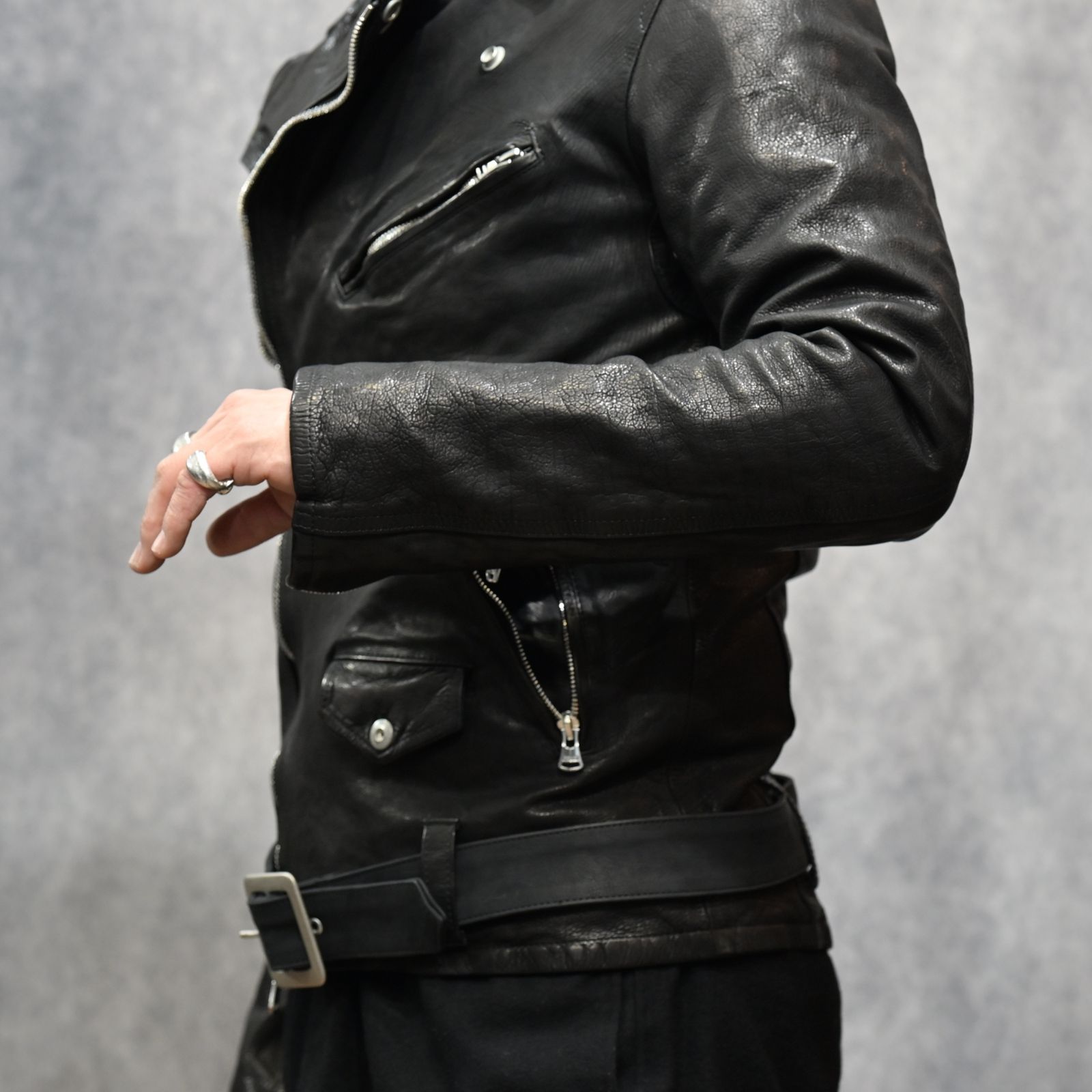 ジャパンカーフ タンニン鞣し 製品洗い ダブルライダース （BLACK） 1927-07