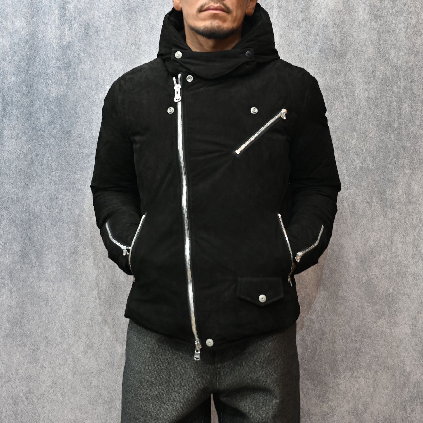 × NANGA カンガルースエード ダブル ライダース ダウンジャケット （BLACK）｜NA2164-02