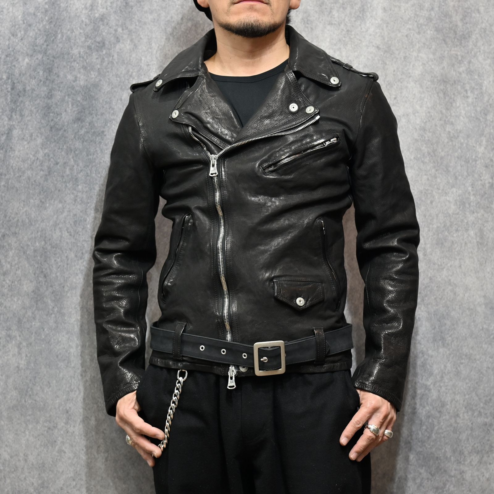 ジャパンカーフ タンニン鞣し 製品洗い ダブルライダース （BLACK） 1927-07