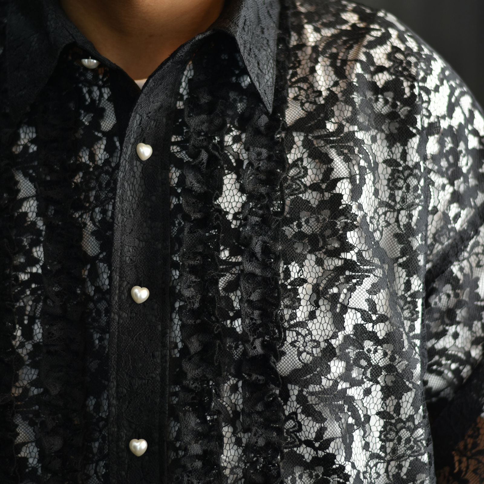 FLOWER LACE FRILL SHIRT (BK) / フラワーレース フリルシャツ