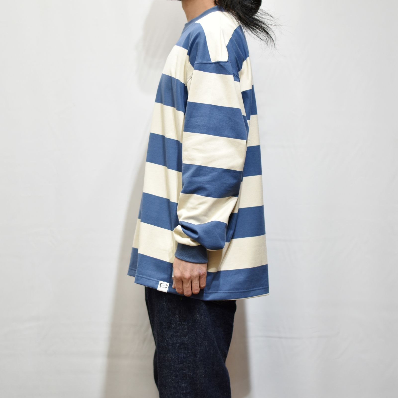 DROP SHOULDER WIDE PITCH L/S T‐SHIRT (WHITE/BLUE)