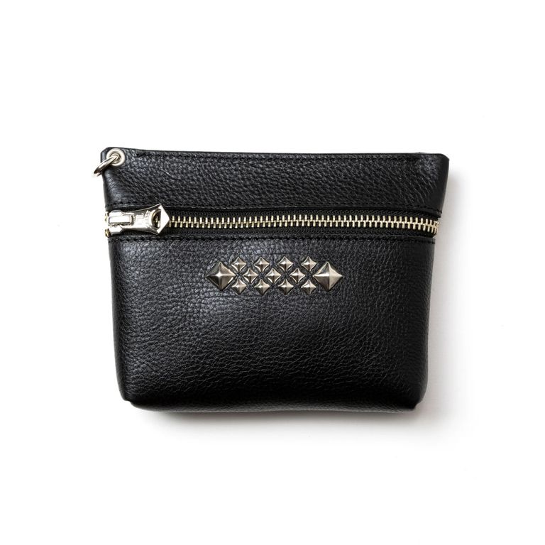 CALEE - STUDS LEATHER ZIP POUCH (BLACK) / スタッズ レザー
