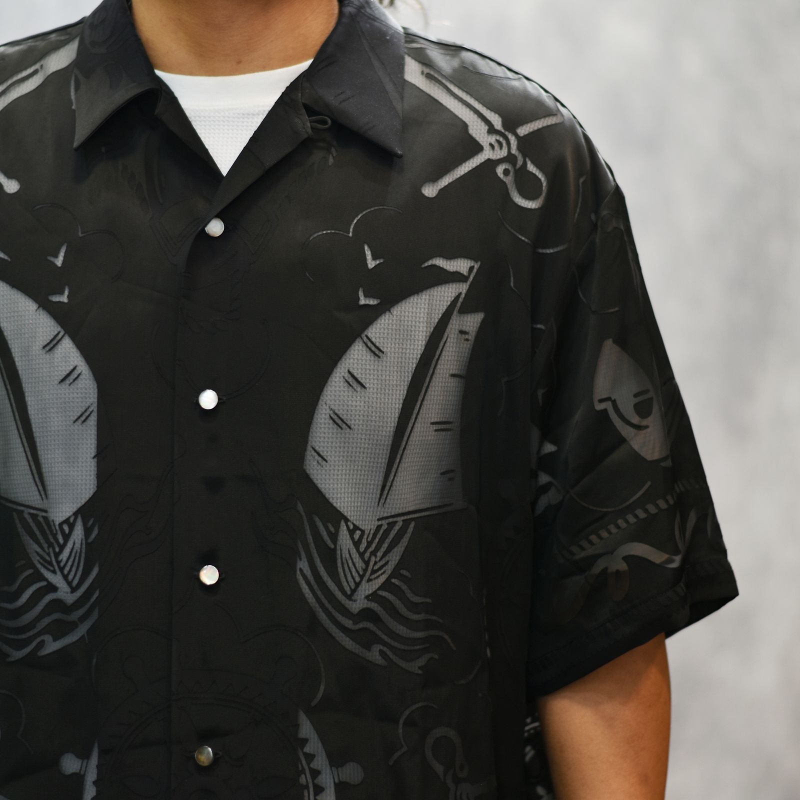 Open Collar S/S Burn Out Shirt "BRASCO" (BLACK)｜オープンカラーシャツ｜Y02002