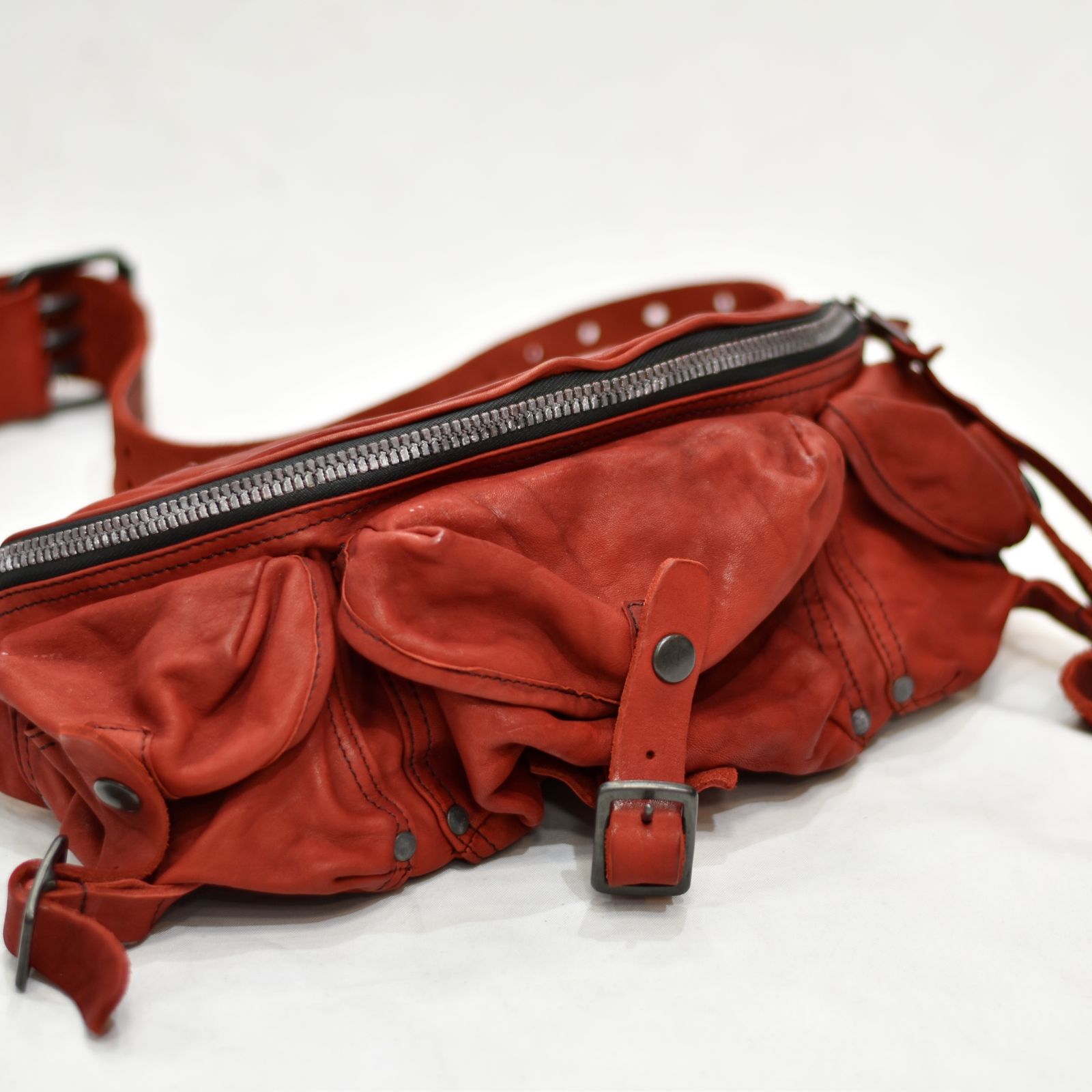 ジャパン ダブルショルダー フルタンニン製品染め 3ピンベルト ウエストバッグ （RED）