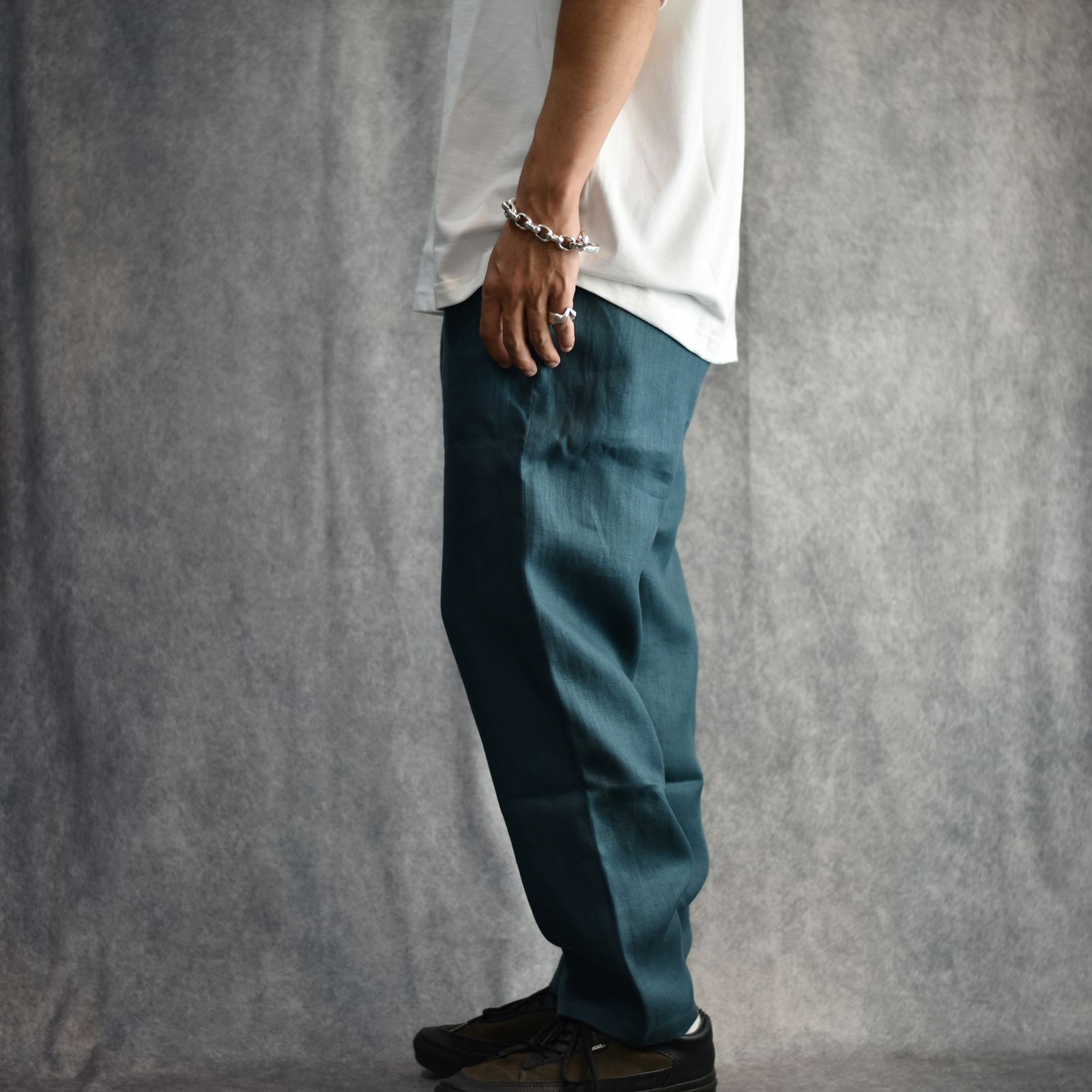 JAPAN LINEN HERRINGBONE EASY SLACKS (NAVY GREEN) / リネンヘリンボーンイージースラックス