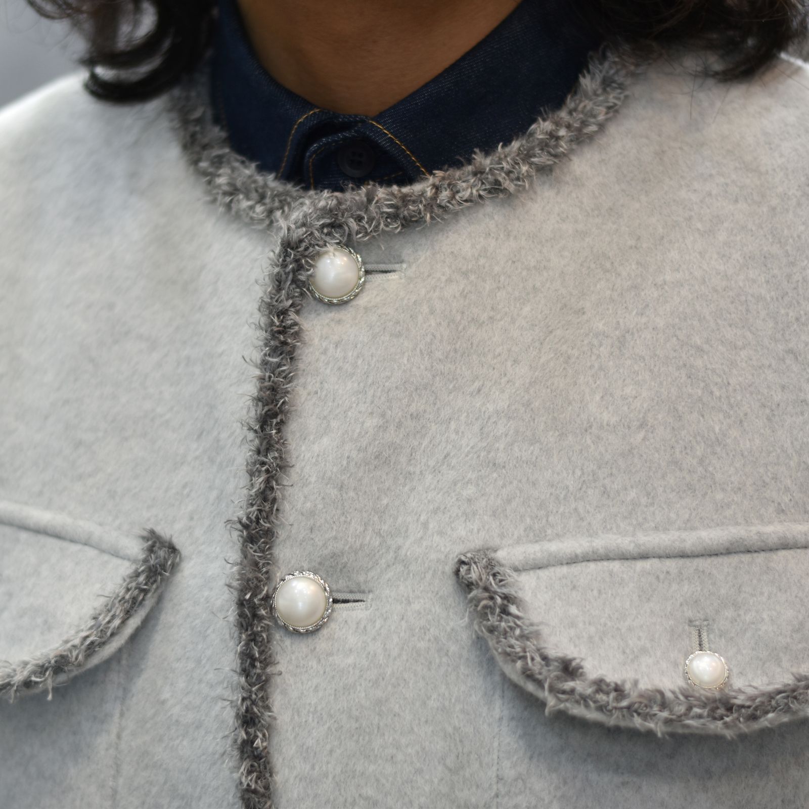 SHAGGY NO COLLAR 4BUTTONS JKT (GRAY)｜シャギー素材 ノーカラー 4ボタン ジャケット｜PD25AJ04