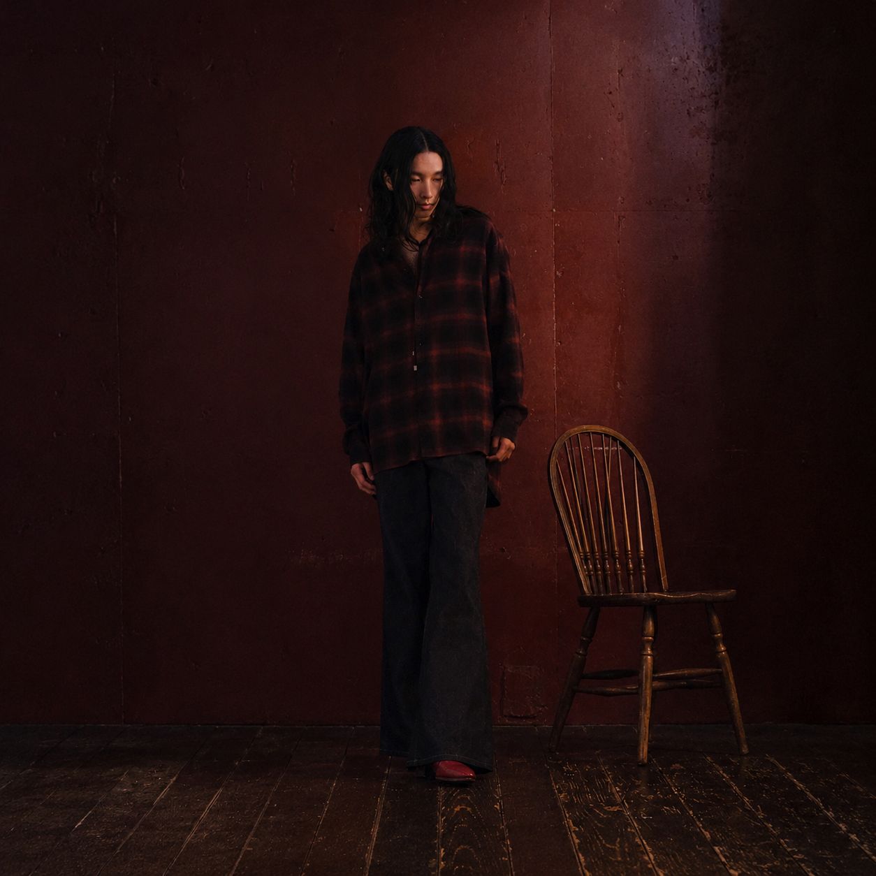 HF Ombre Band Collar Shirt （RED）｜オンブレチェック カラーレス ノーカラー シャツ （レッド）｜HF-21