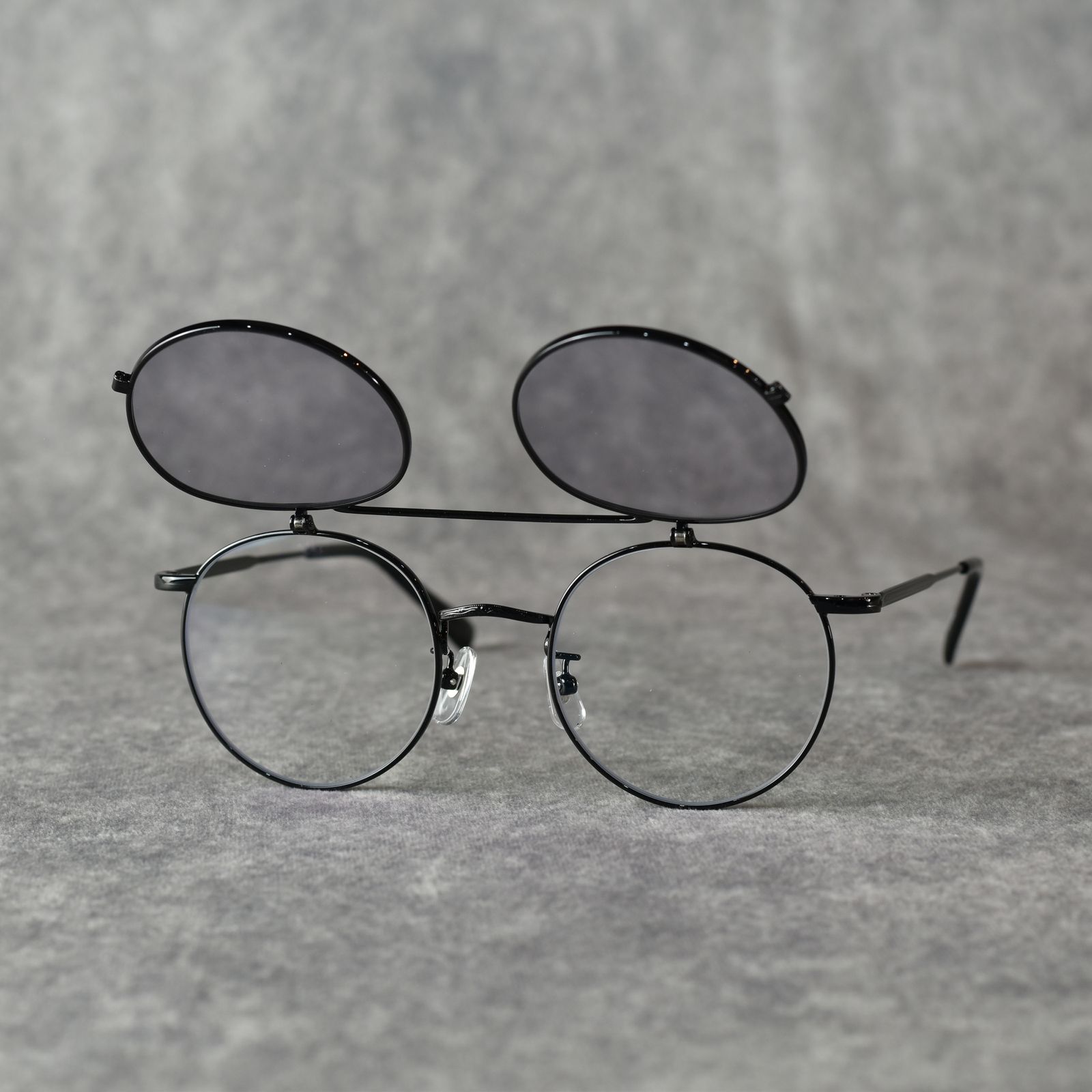 FLIP UP TYPE CIRCLE METAL GLASSES (BLACK/BLACK) / フリップアップタイプ サークルメタル サングラス