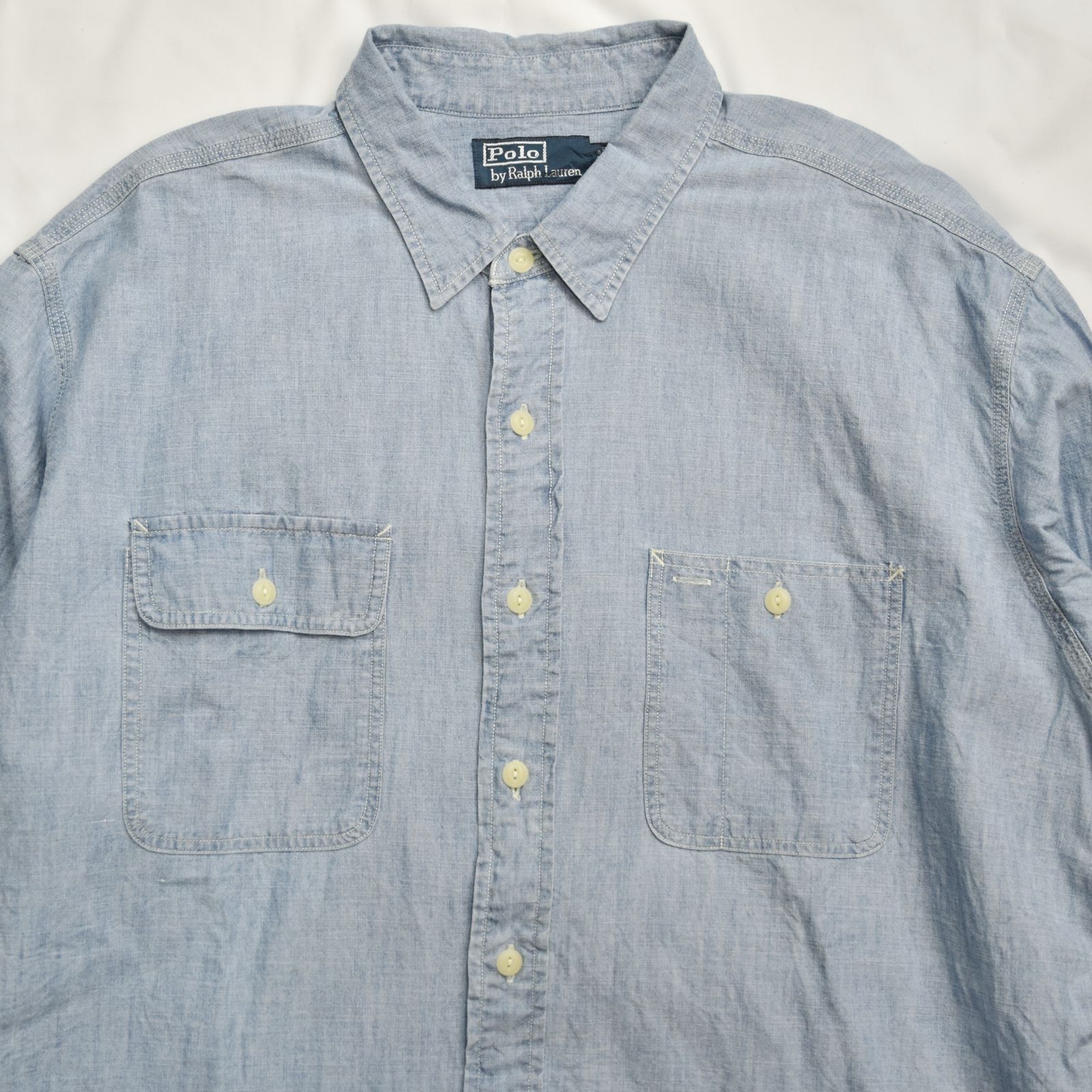 【極美品】80s Ralph Lauren シャンブレーシャツ サイズXL 古着 80s Polo Ralph Lauren 白タグ シャンブレー ワーク シャツ