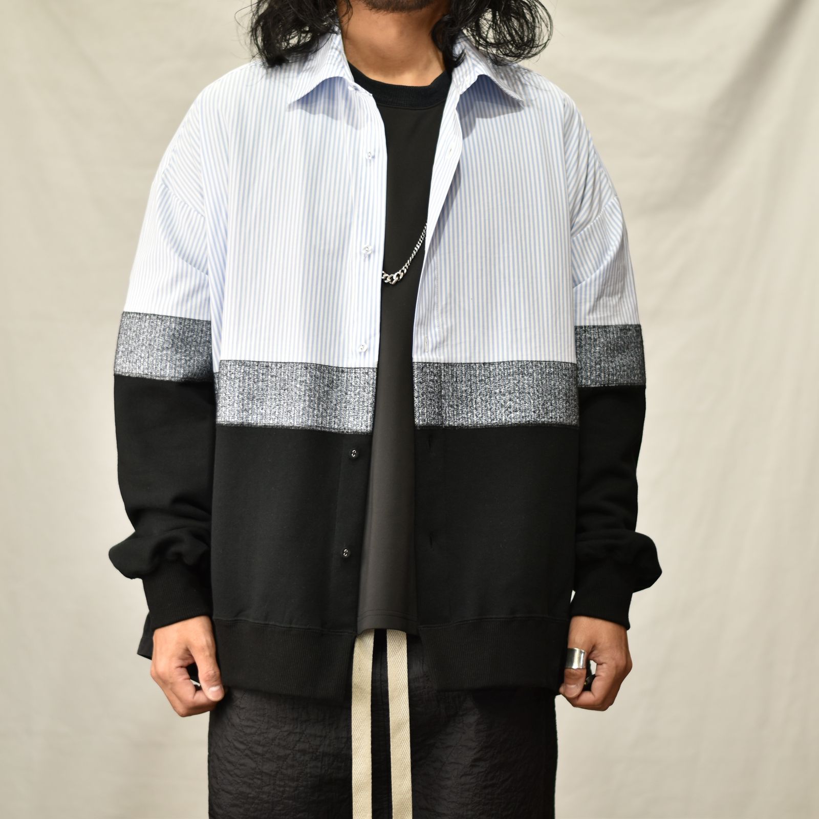 ニードルパンチ 切り替えシャツ / LB23SS-SH01-NDP (SAX STRIPE×BLACK)