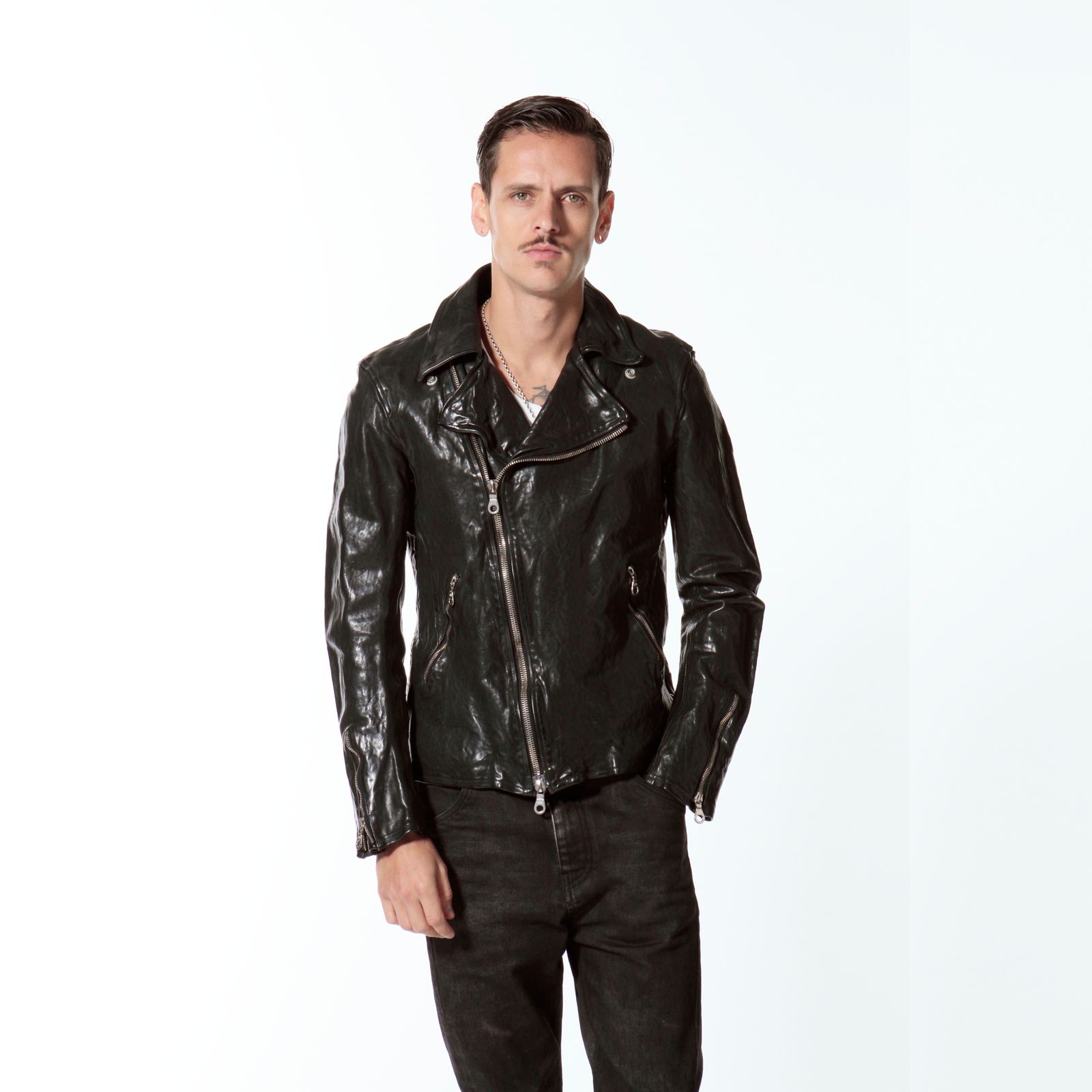 ITALY SHOULDER “GARMENT-DYED” DOUBLE RIDERS （BLACK）｜イタリーショルダー製品染め ダブルライダース｜1254-02