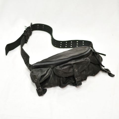 ジャパン ダブルショルダー フルタンニン製品染め 3ピンベルト ウエストバッグ （BLACK）