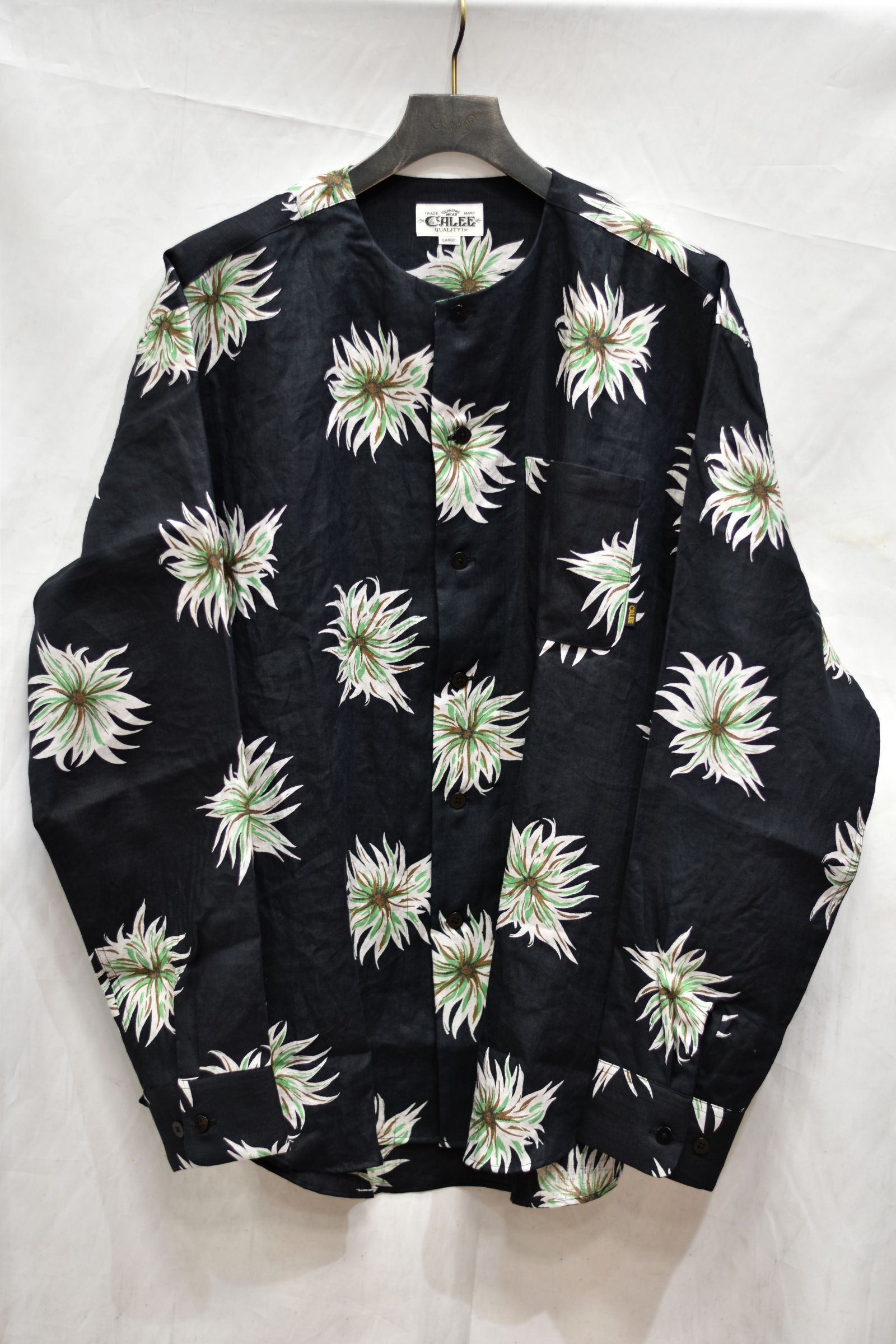 ALLOVER FLOWER PATTERN L/S NO COLLAR LINEN SHIRT (BLACK)