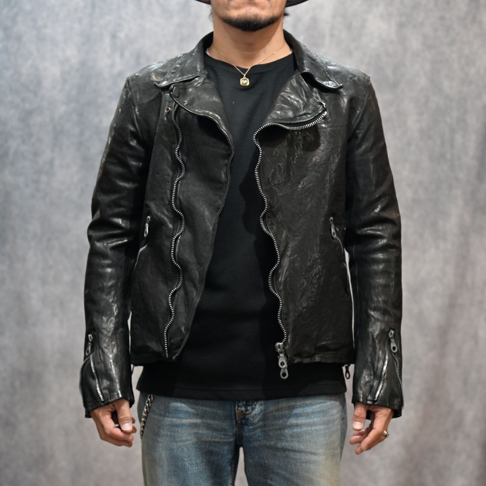 イタリーショルダー製品染め ダブルライダース （BLACK）｜1254-02