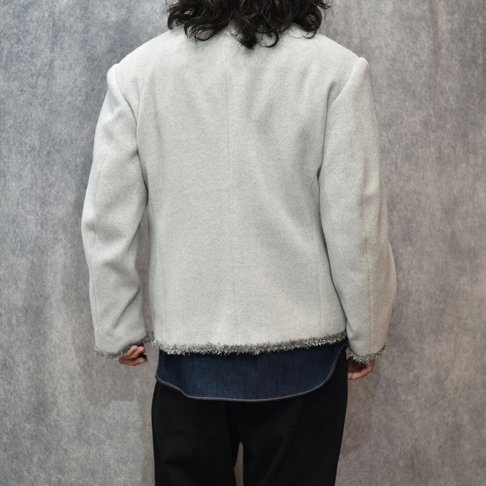SHAGGY NO COLLAR 4BUTTONS JKT (GRAY)｜シャギー素材 ノーカラー 4ボタン ジャケット｜PD25AJ04