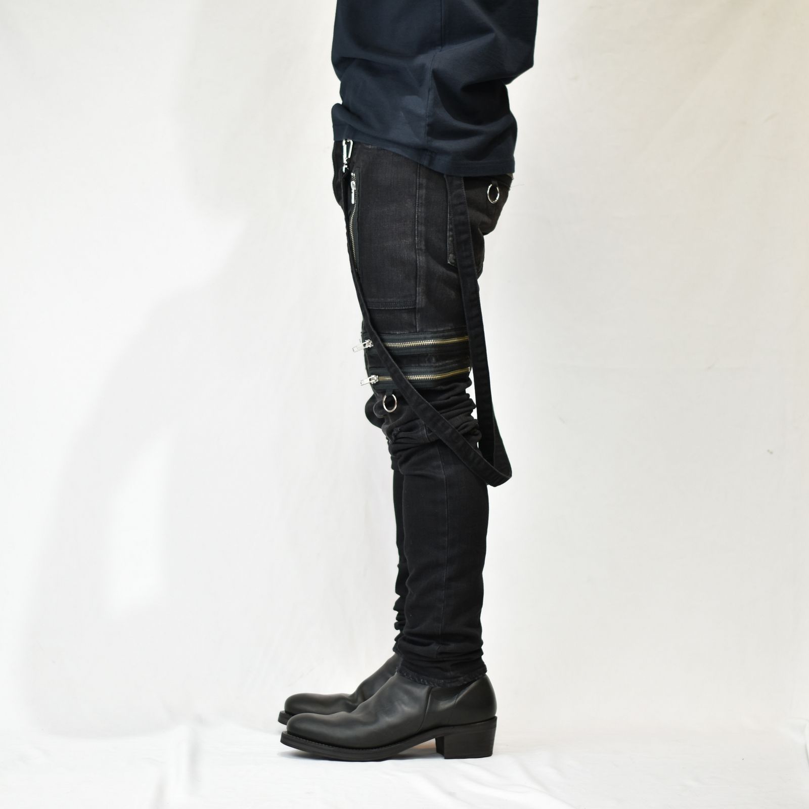 × KIDILL SKINNY ZIP & STRAPS DENIM PATNTS-DISTRESSED DENIM （BKU）
