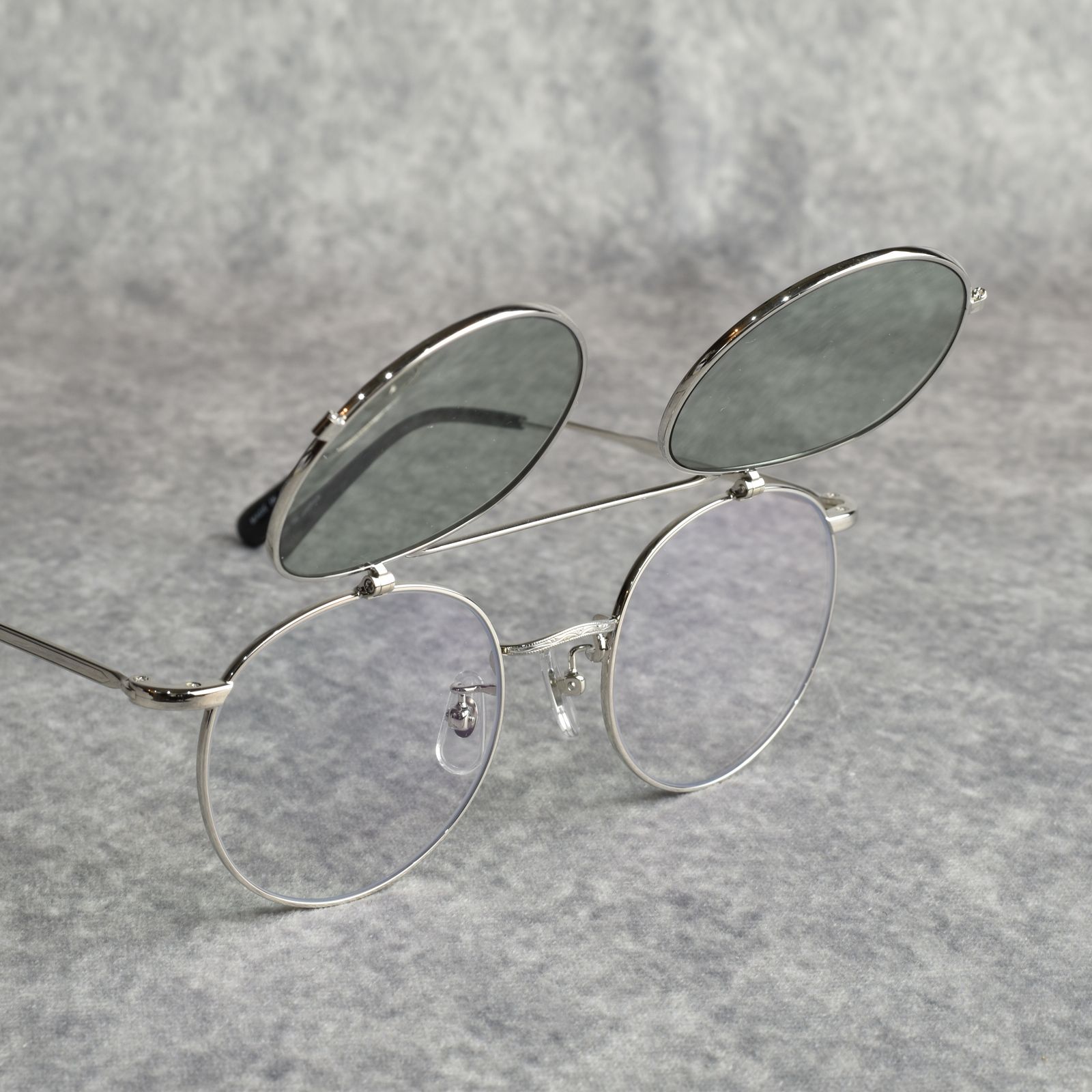 FLIP UP TYPE CIRCLE METAL GLASSES (SILVER/GREEN) / フリップアップタイプ サークルメタル サングラス