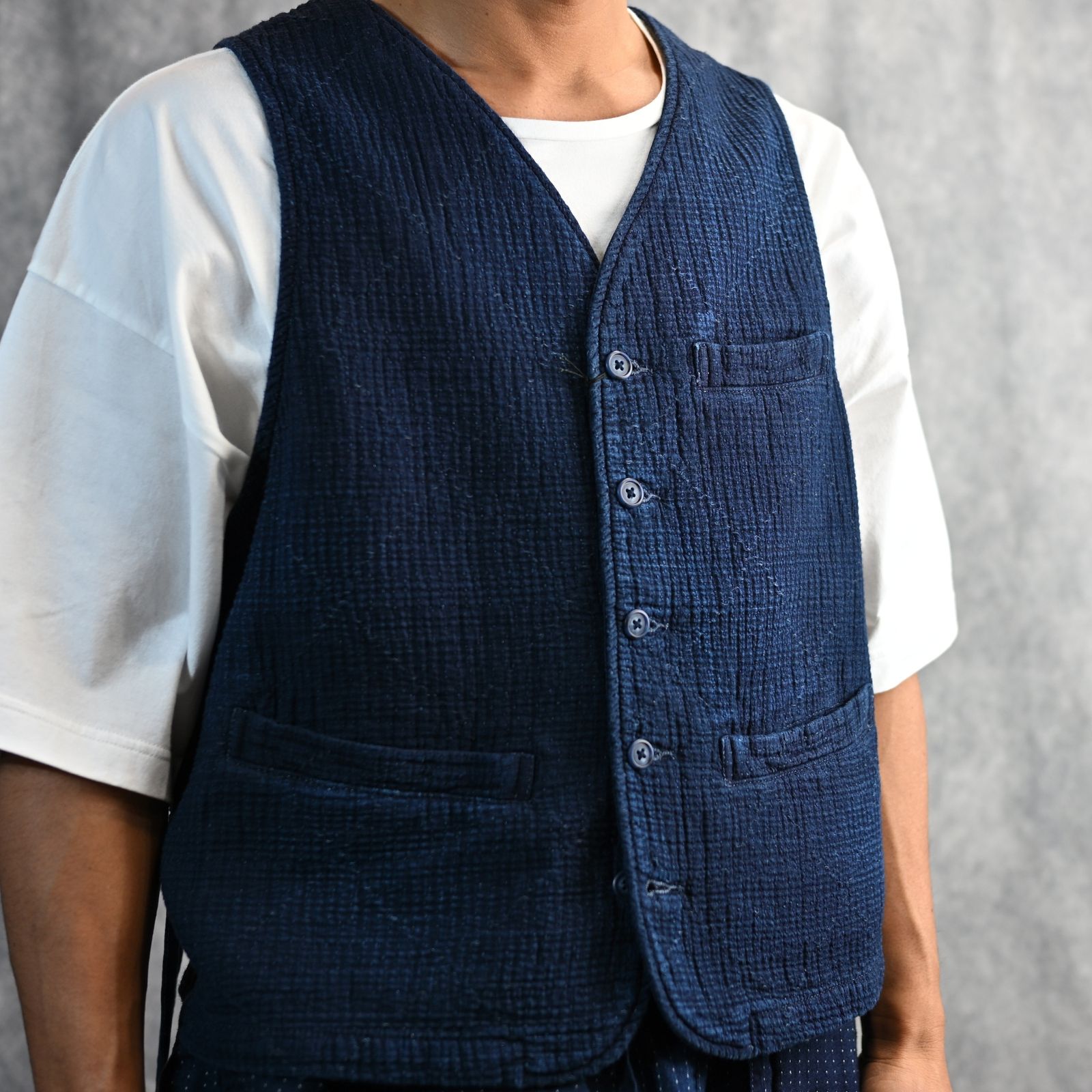 SASHIKO STRIPE VEST  (BLUE) / サシコストライプ VEST （ブルー） PC-059-3178-40