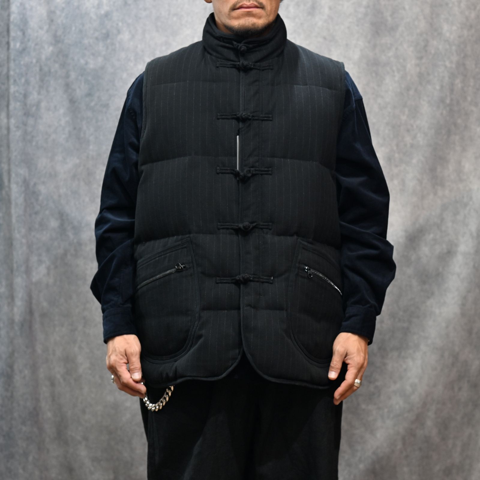 STRIPE CHINESE DOWN VEST （BLACK）｜チャイナ ダウンベスト （ブラック） PC-031-3607-10