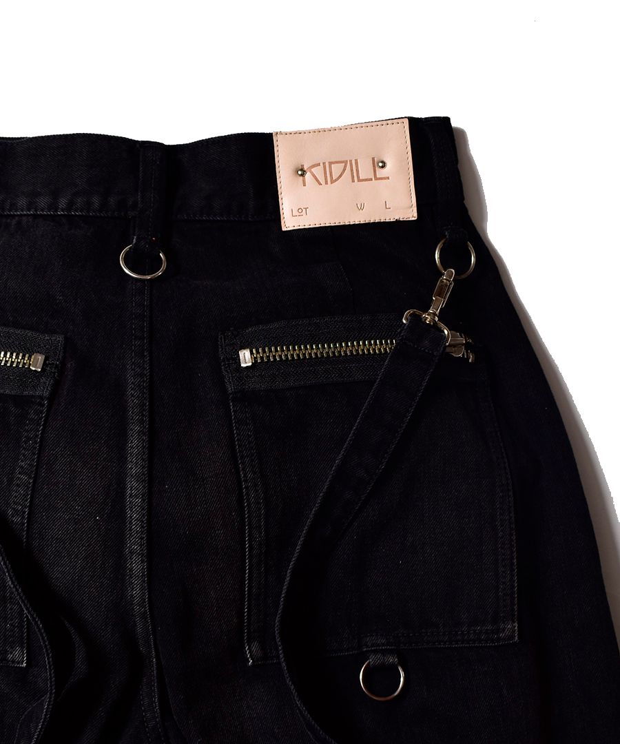 ×KIDILL WIDE ZIP & STRAPS DENIM PANTS-DISTRESSED DENIM （BKU）