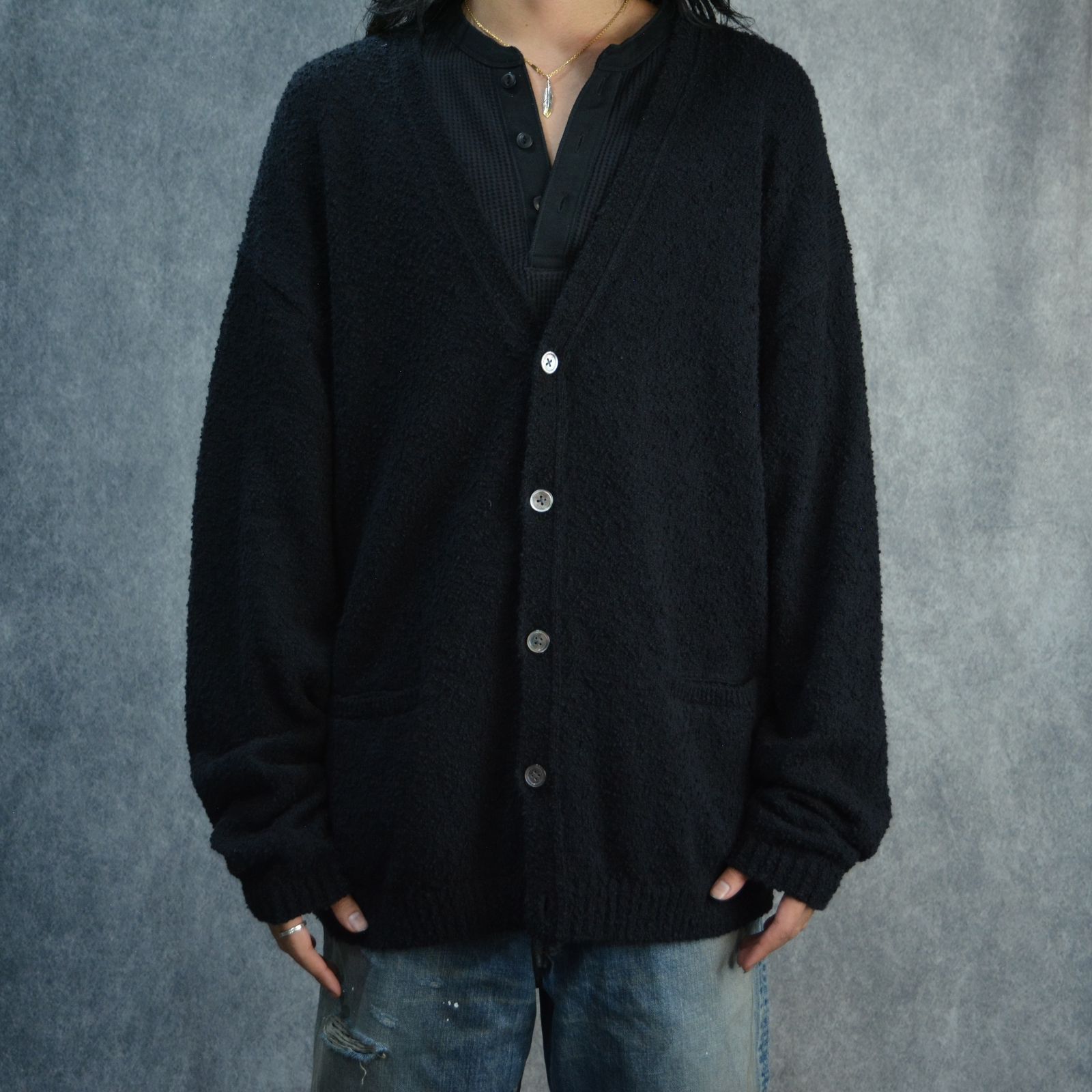 Grainy Cotton Knit Cardigan （BLK） / コットン カーディガン （ブラック）