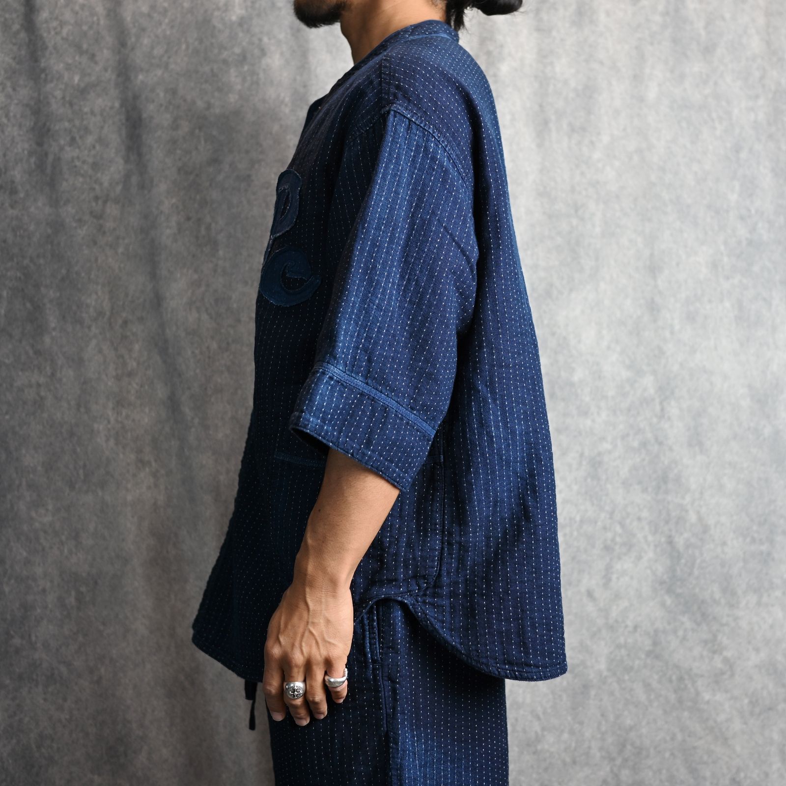 SASHIKO STRIPE BASEBALL SHIRT CUSTOM (BLUE) / サシコストライプベースボールシャツカスタム （ブルー） PC-059-3194-40